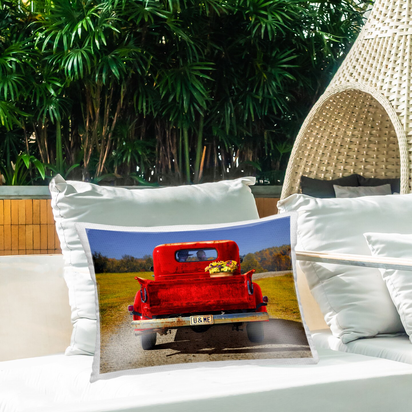 Cowboy in Red Truck Outdoor Printed Pillow Design by Michael Quackenbush, 14 x 7 x 20