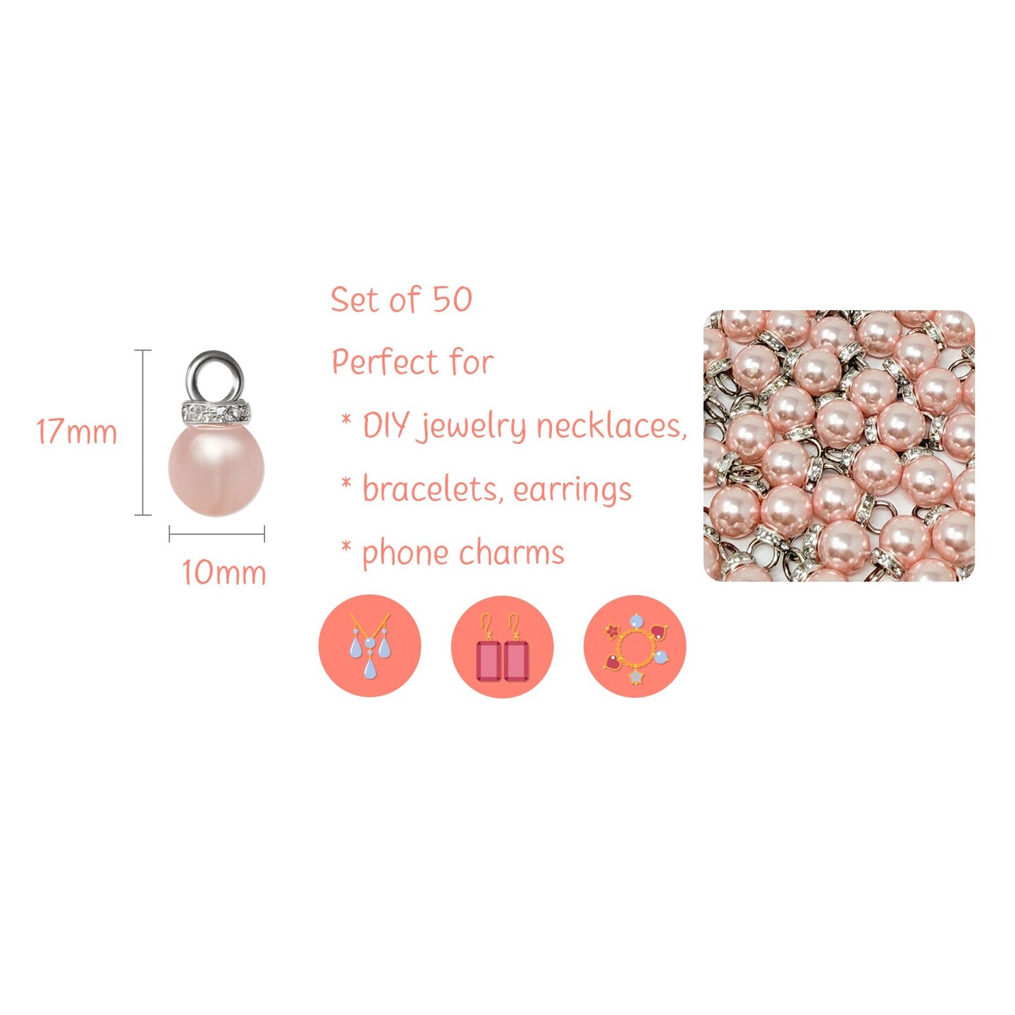 Wrapables Round 10mm Round No Holes Faux Pearls, Imitation Pearls for Jewelry Making (Set of 50), Soft Pink