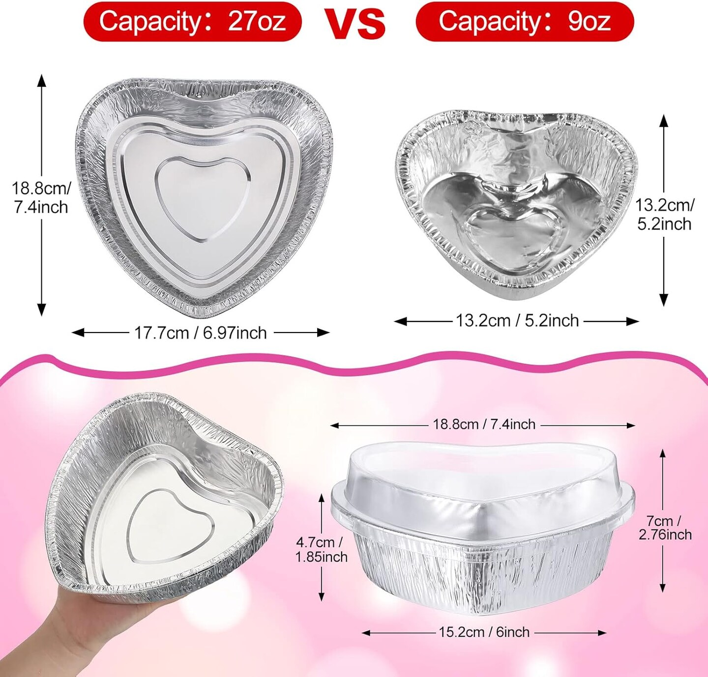 36 Pcs Valentine&#x27;s Day Cake Pan Heart Shaped Pan with Lids 27 oz Large Size Food Pan Aluminum Foil Heart Food Packing Boxes Takeaway Boxes for Valentine&#x27;s Day, 7.4 Inch