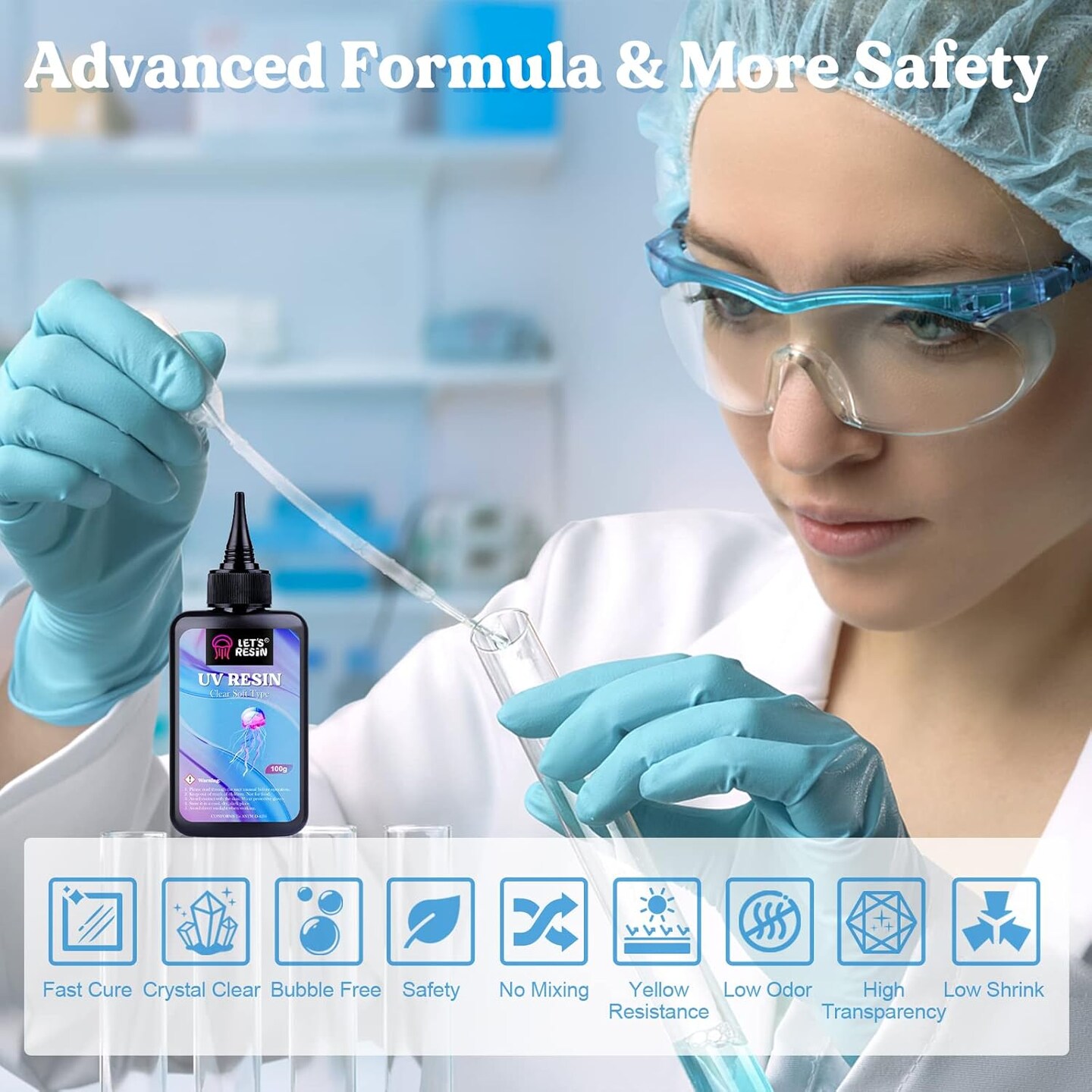 LET&#x27;S RESIN UV Resin Soft Type, 100g Elastic&#x26;Bendable Crystal Clear Ultraviolet Epoxy Resin, Low Shrinkage UV Resin Kit for Crafts, Jewelry Making, Decoration