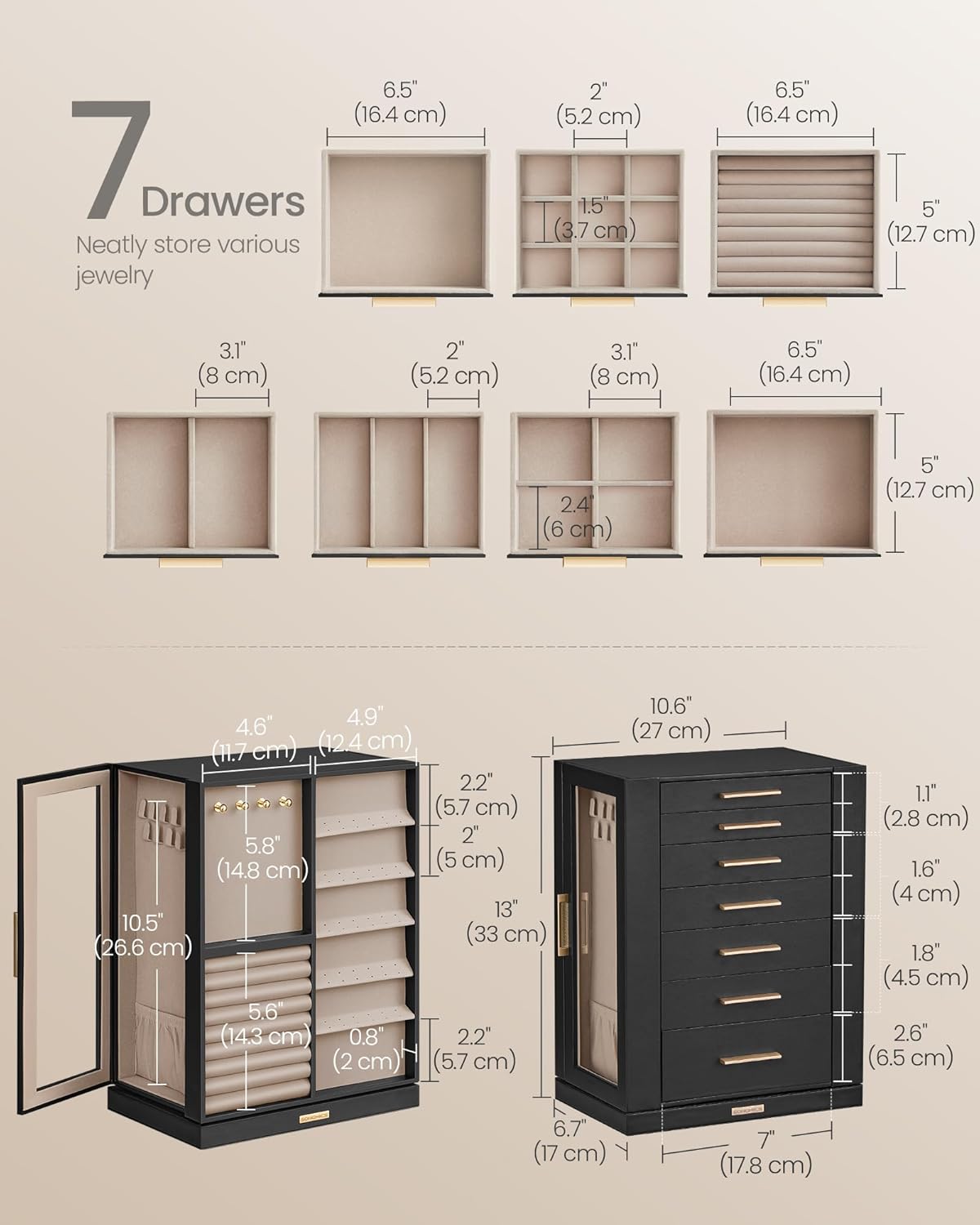 Jewelry Box 360&#xB0; Rotating, Jewelry Storage Case with 7 Drawers, Jewelry Organizer, Glass Window, Spacious, Vertical Jewelry Storage, Open Design, Christmas Gift, Ink Black UJBC201B01