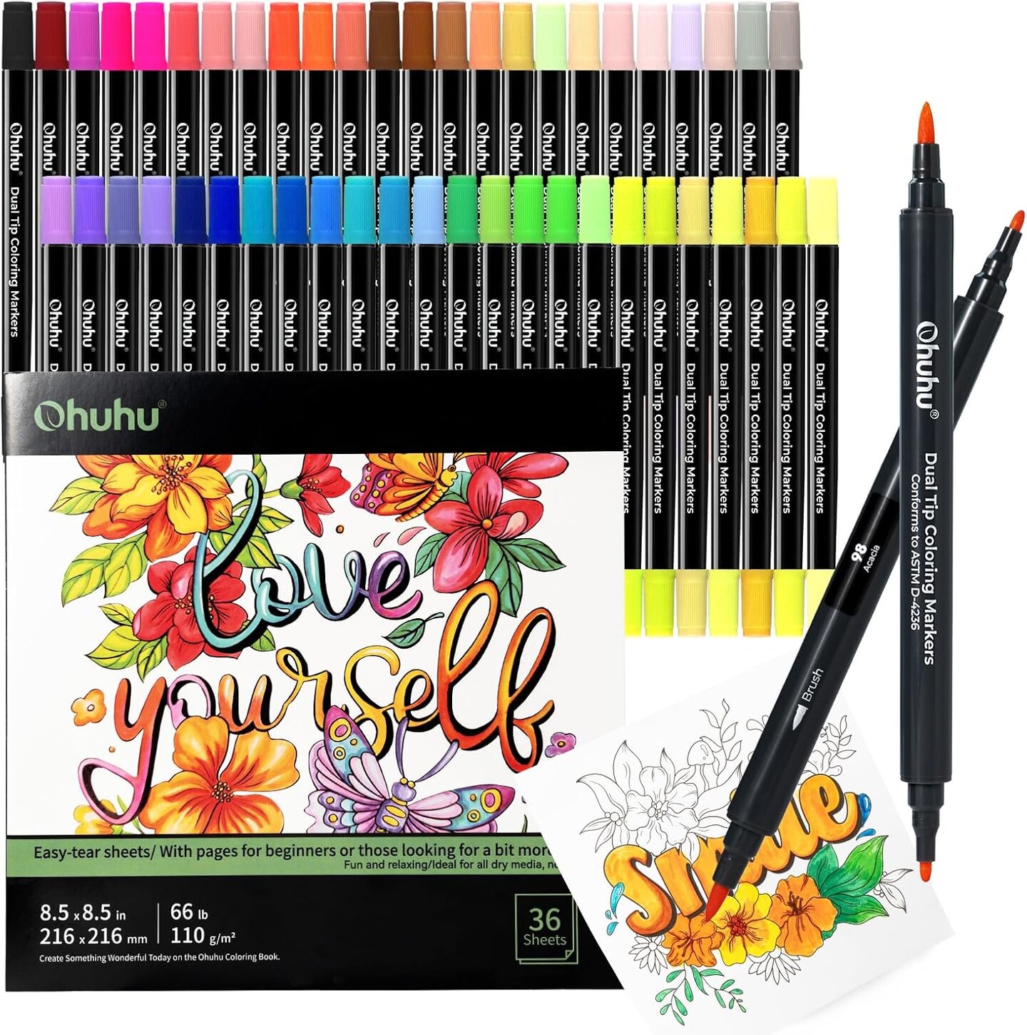 Ohuhu Markers Brush Tip 48-colors with 36-sheet Stress-Relief Coloring Book - Dual Tipped Markers for Adults Coloring Books - Art Marker Set Bundles with 100% Bleed-proof Coloring Pages - Fine &#x26; Brush