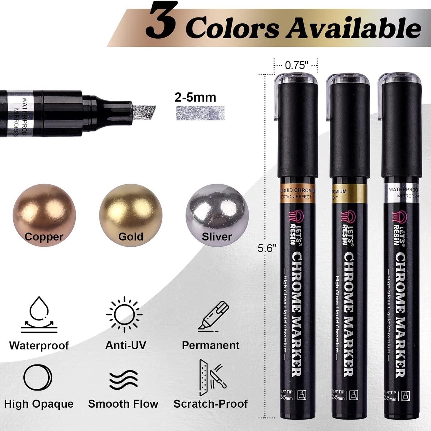 LET&#x27;S RESIN Liquid Mirror Chrome Metallic Markers, Reflective Gloss, 2-5mm Larger Application Area, 3 Colors Epoxy Resin Tools/Supplies for Coloring, Stroke, Painting, DIY Craft