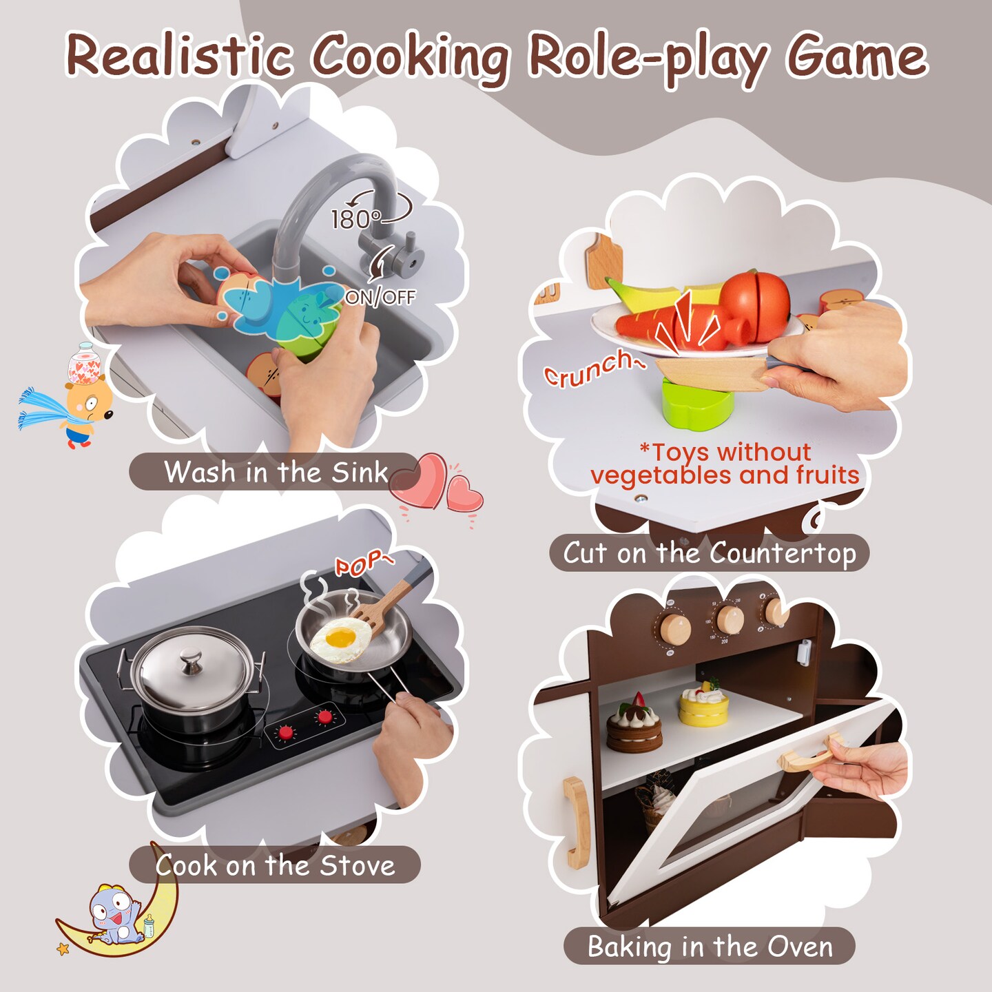 Brown Kitchen Play-set with Ice Maker Microwave Oven Sink and Washing Machine for Kids