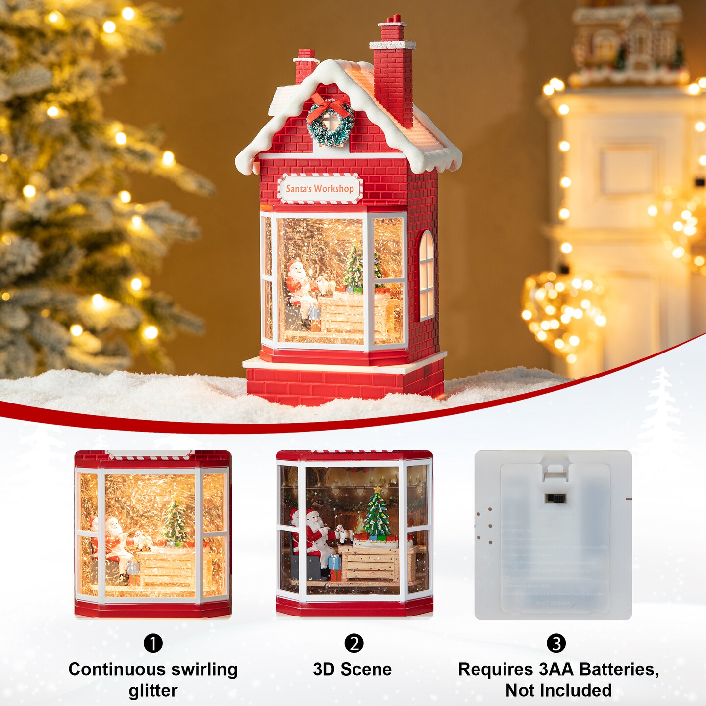Set of 2 10.5&#x22;H Lighted Santa&#x27;s Workshop Waterglobe