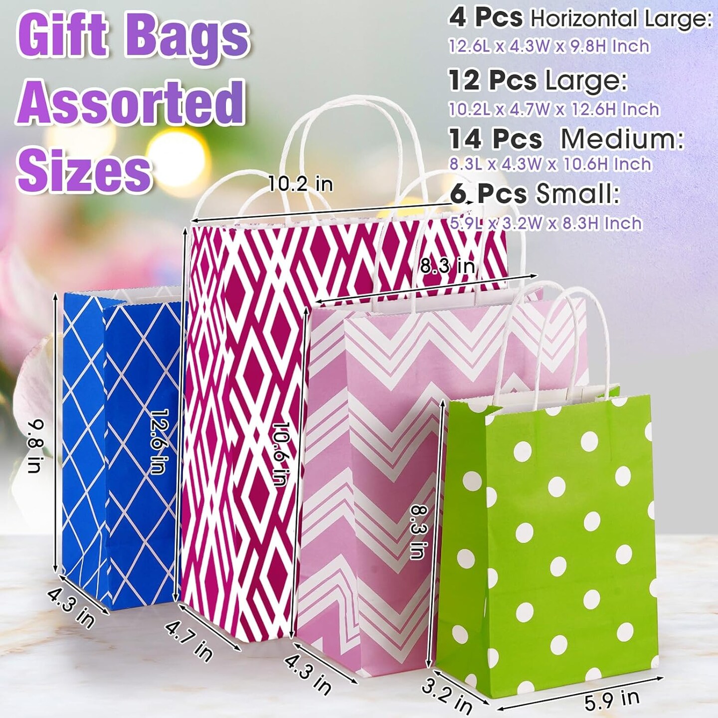 36 Pcs Assorted Sizes Gift Bags Bulk Gift Bag Assortment Different Sizes Birthday Goodie Paper Party Favor Gift Bag for Christmas Teacher Thanksgiving, Etc 8.3" Small, 10.2" Medium, 12.6" Large