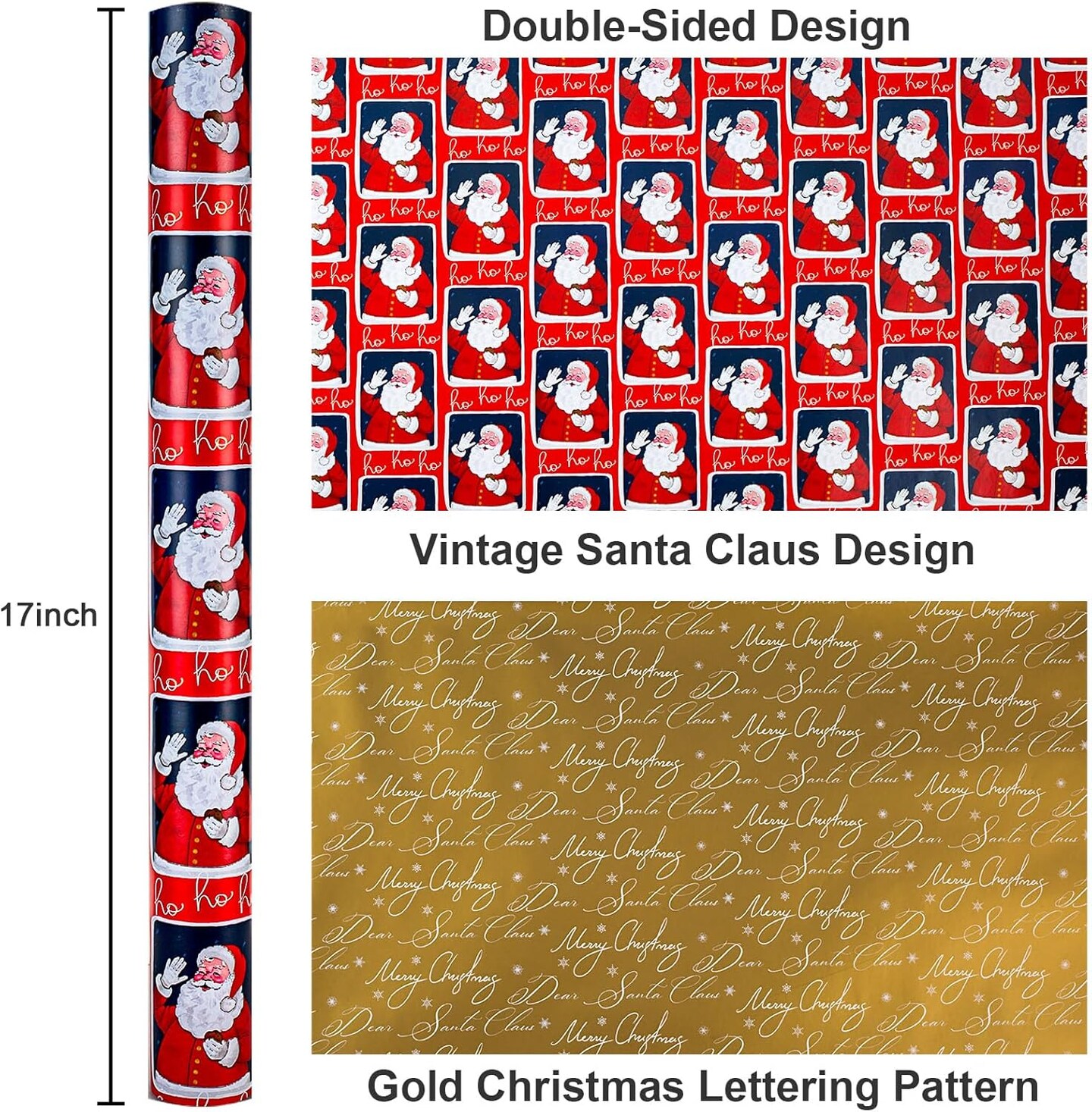 Vintage Christmas Santa Wrapping Paper Roll - 17 Inch X 33 Feet - Reversible Red Festive Season&#x27;s Greetings Santa Holiday Christmas Gift Wrap Thick Paper for Christmas, Birthday, New Year