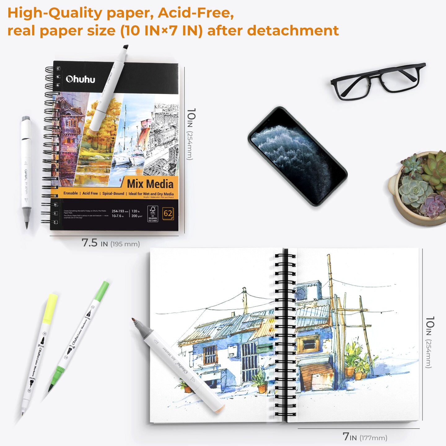 Ohuhu Mix Media Pad, Mixed Media Art Sketchbook, 120 LB/200 GSM Heavyweight Papers, Spiral Bound Mixed Media Paper Pad for Acrylic, Painting Christmas Gift