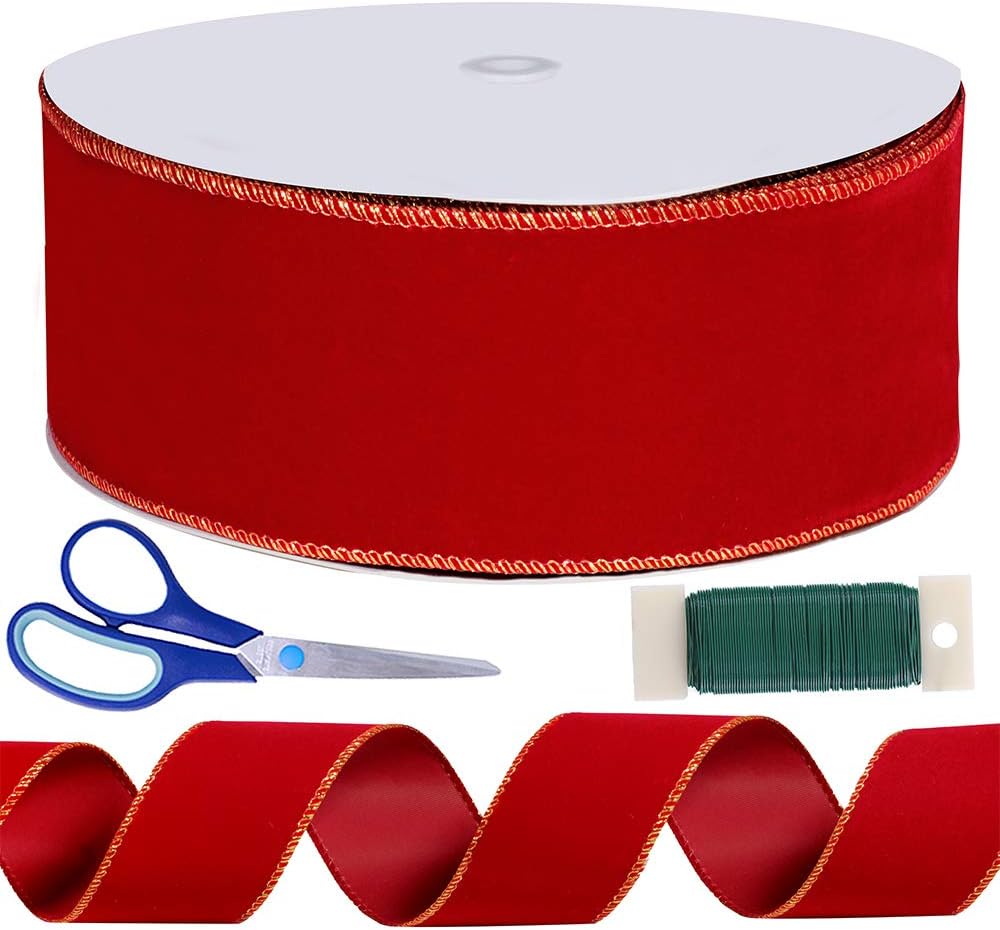 50 Yards Christmas Red Velvet Gold Edge Wired Ribbon 2-1/2
