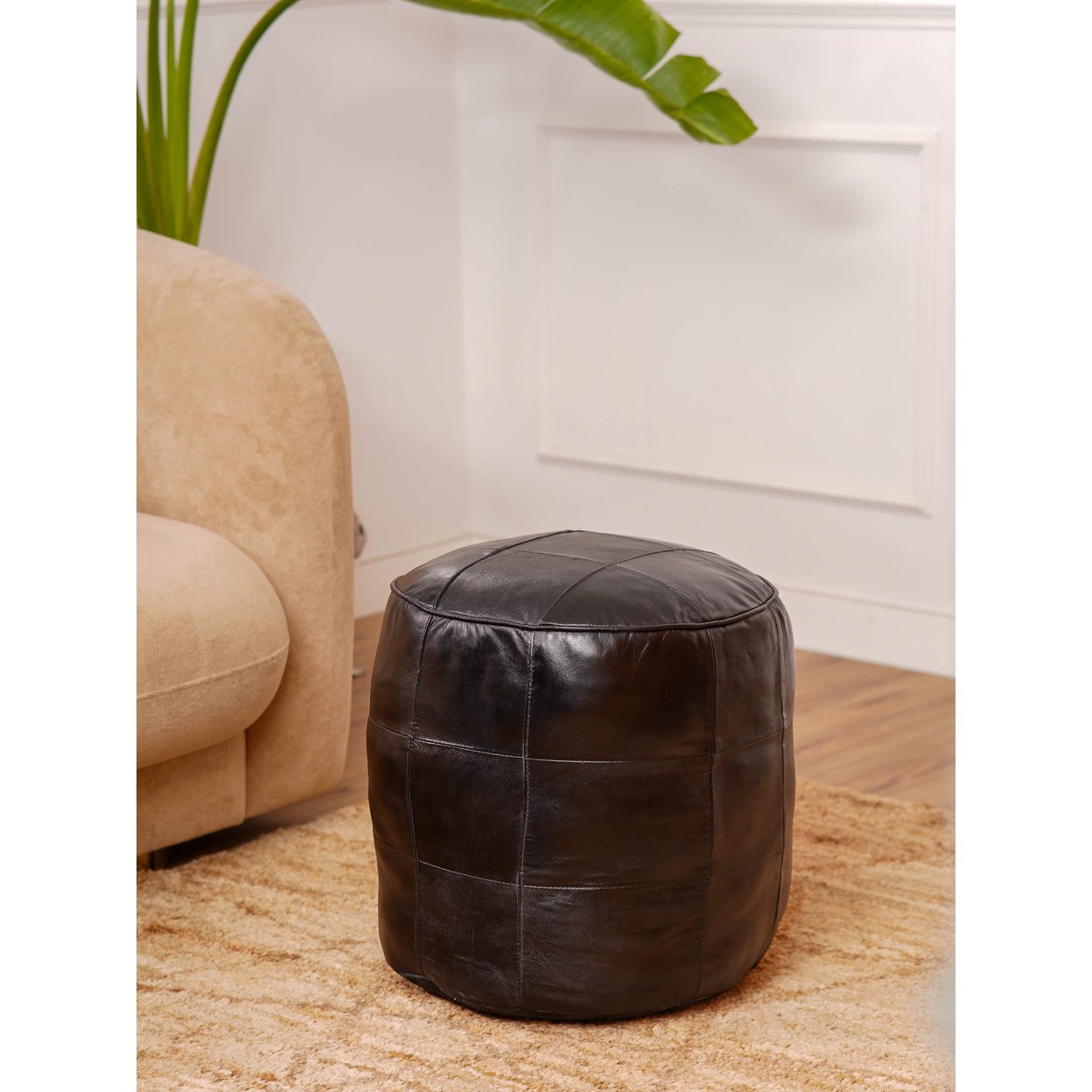 Handmade Eco-Friendly Round Shaped Stuffed Leather Black Pouf
