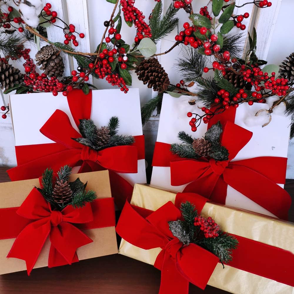 50 Yards Christmas Red Velvet Wired Ribbon 2-1/2&#x22; Wide Large Xmas Ribbon Trim Gift Wrapping Bow Craft for Christmas Indoor Outdoor Tree Wreath Bows Clothing Party Gift Embellishment