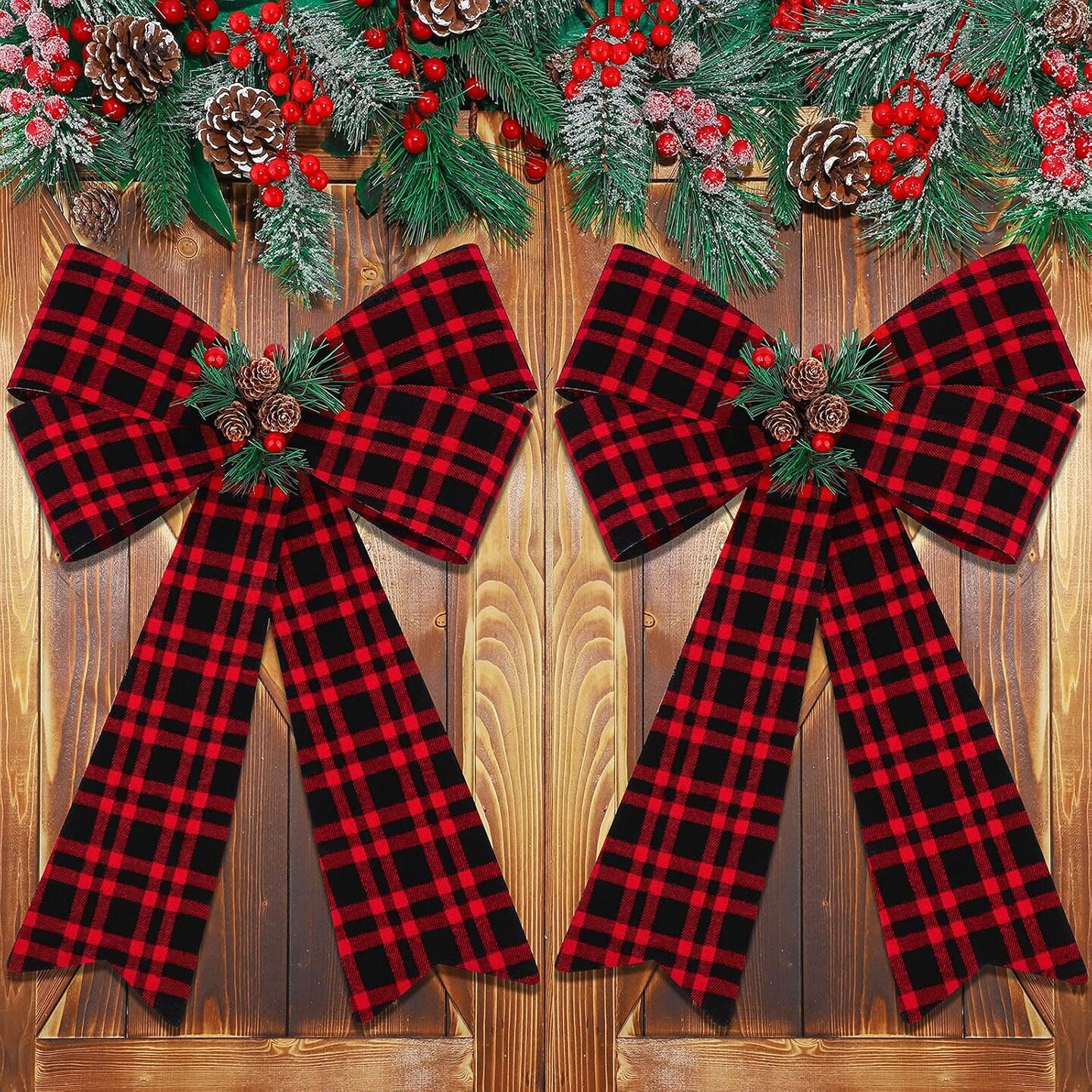 2 Pieces Christmas Red Bows Christmas Wreath Bows Xmas Buffalo Plaid Bows with Pine Cones Ornaments for Christmas Tree Indoor Outdoor Decorations (Black, Red, Green)