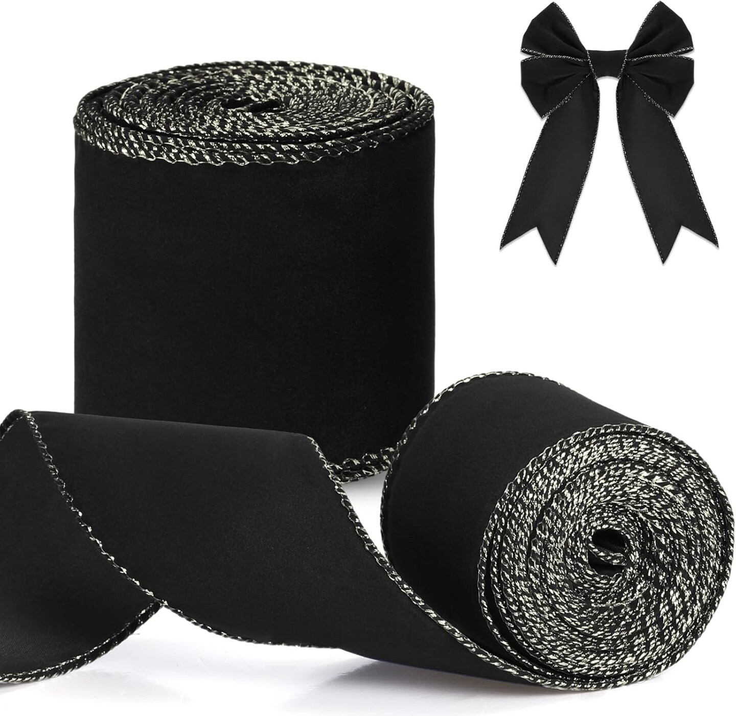 2 Rolls Christmas Velvet Ribbon 2.5 Inch 20 Yards Xmas Velvet Wired Ribbon with Gold Edge for Christmas Tree Decorations Wreath Bow Making (Black)