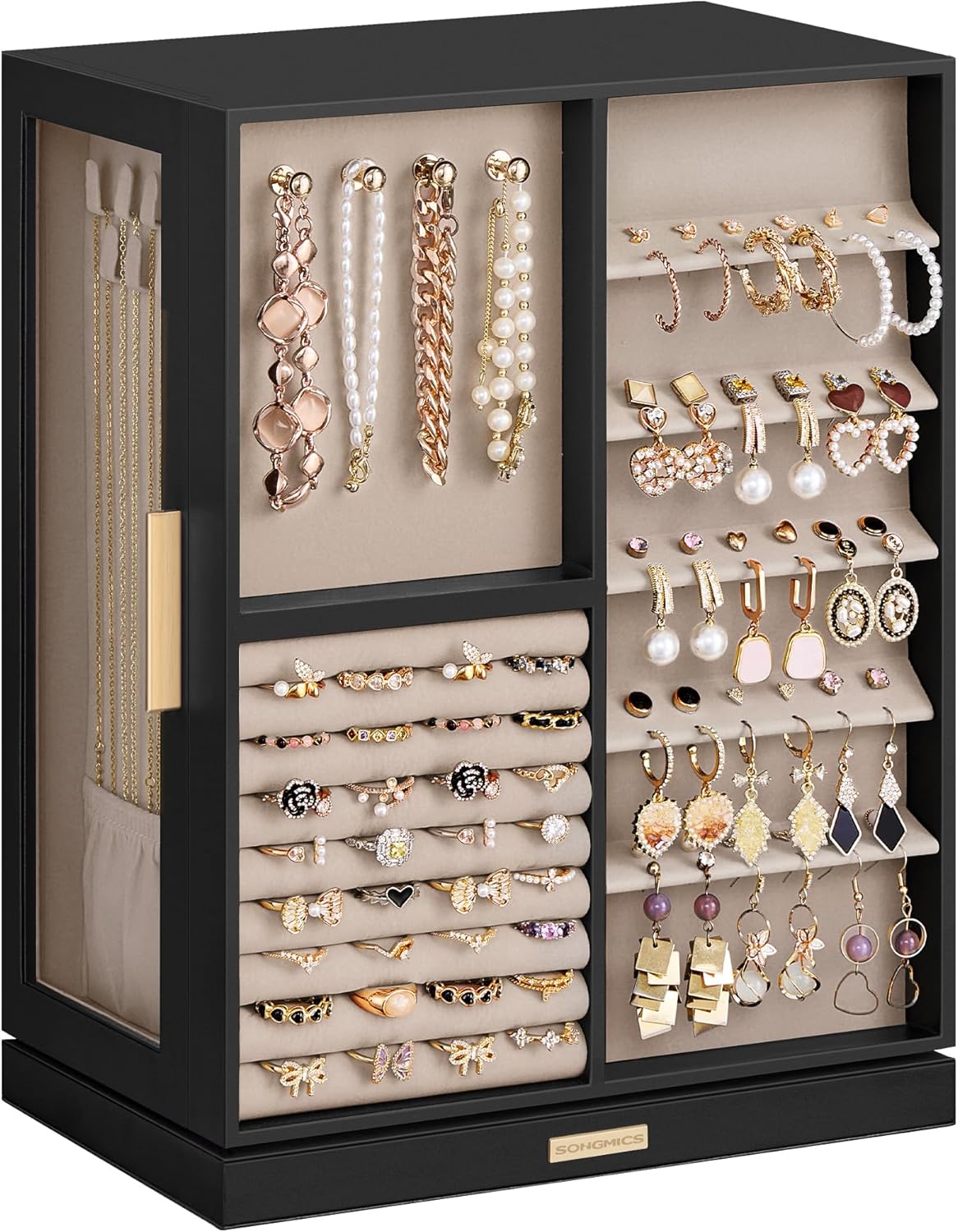 Jewelry Box 360&#xB0; Rotating, Jewelry Storage Case with 7 Drawers, Jewelry Organizer, Glass Window, Spacious, Vertical Jewelry Storage, Open Design, Christmas Gift, Ink Black UJBC201B01