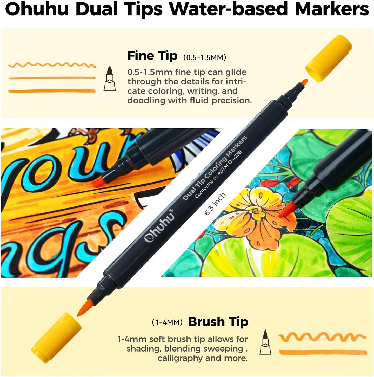 Ohuhu Markers Brush Tip 80-Colors with 72-Sheet Coloring Book - Double Tipped Markers for Adults Coloring Books - Art Marker Set Bundles with 100% Bleed-Proof Coloring Pages - Fine &#x26; Brush Dual Tips