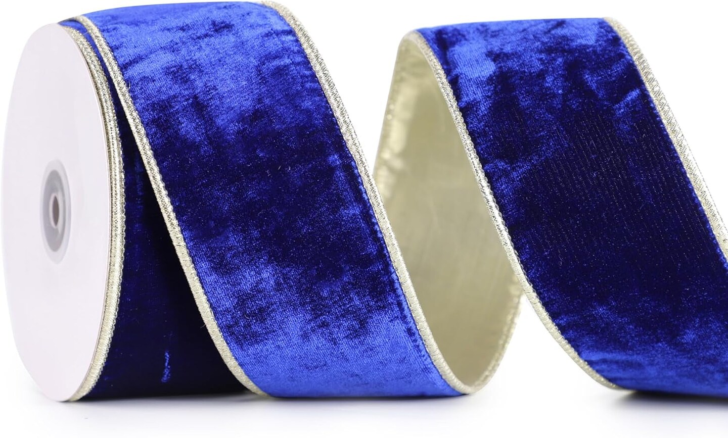 Royal Blue Velvet Ribbon Wired 2.5&#x22; X 10 Yards Blue Christmas Wired Ribbon with Gold Backside, Blue and Gold Wired Ribbon for Christmas Tree Decorations, Wreaths and Garlands, Gift Wrapping
