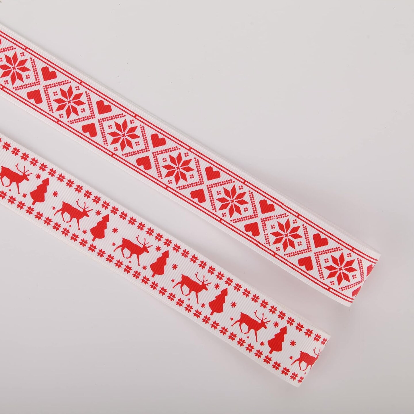 Christmas Ribbon Total 20 Yards 1Inch Wide Red and White Nordic Trim Scandi Reindeer and Snowflake Ribbon for Gift Wrapping, DIY Craft, Christmas Party Supplies