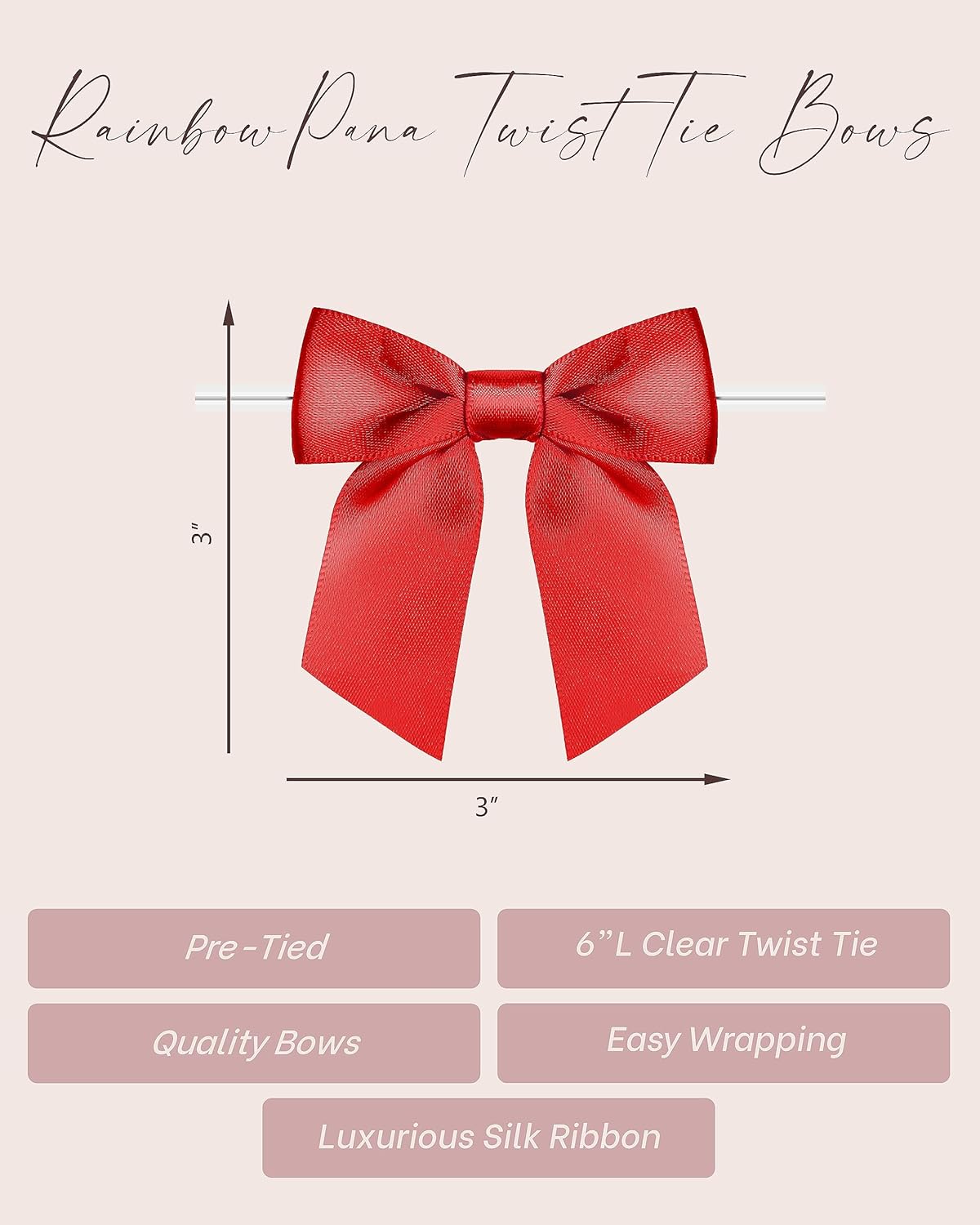 120 Pack Christmas Luxury Twist Tie Bows, Red 3&#x22; Satin Ribbon Pretied Bows, Premade Craft Decoration for Package Cake Pop Basket Favors Cookie Candy, Gift Wrapping Baby Shower Wedding