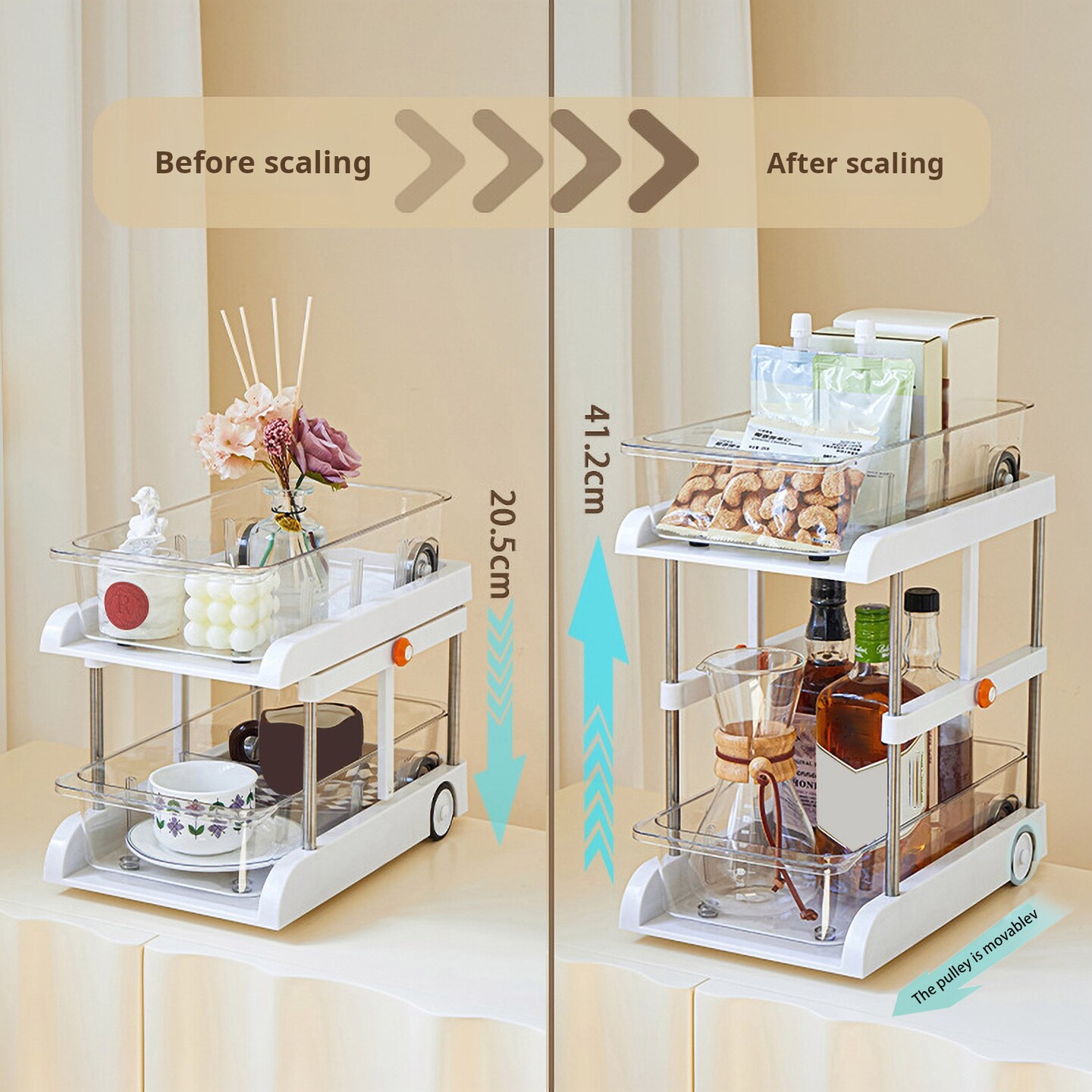 Adjustable Height Storage Rack With Pull-Out Drawer Sliding Wheels Storage Organizer For Kitchen Bathroom Refrigerator