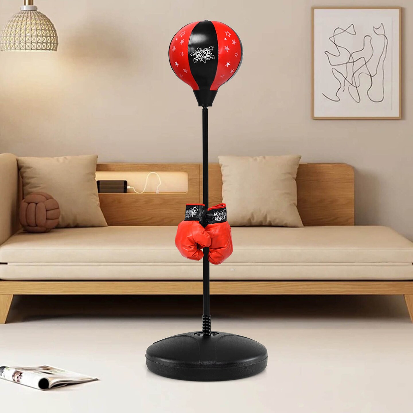 Costway Kids Punching Bag Toy Set Adjustable Stand Boxing Glove Speed Ball with Pump Red/Pink