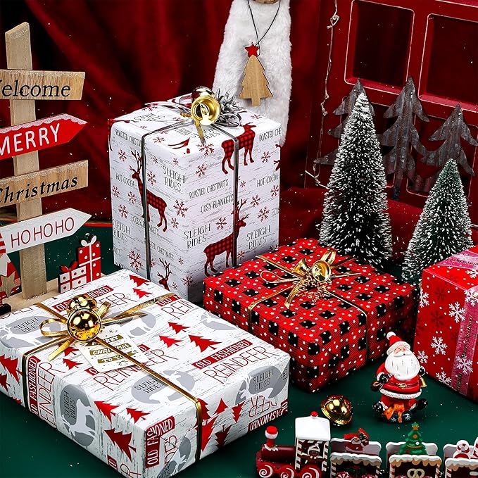Paper Roll - Rustic Holiday Woodland Scenes - Snowflake, Plaid, Reindeer - 4 Rolls - 30 Inch X 120 Inch Per Roll