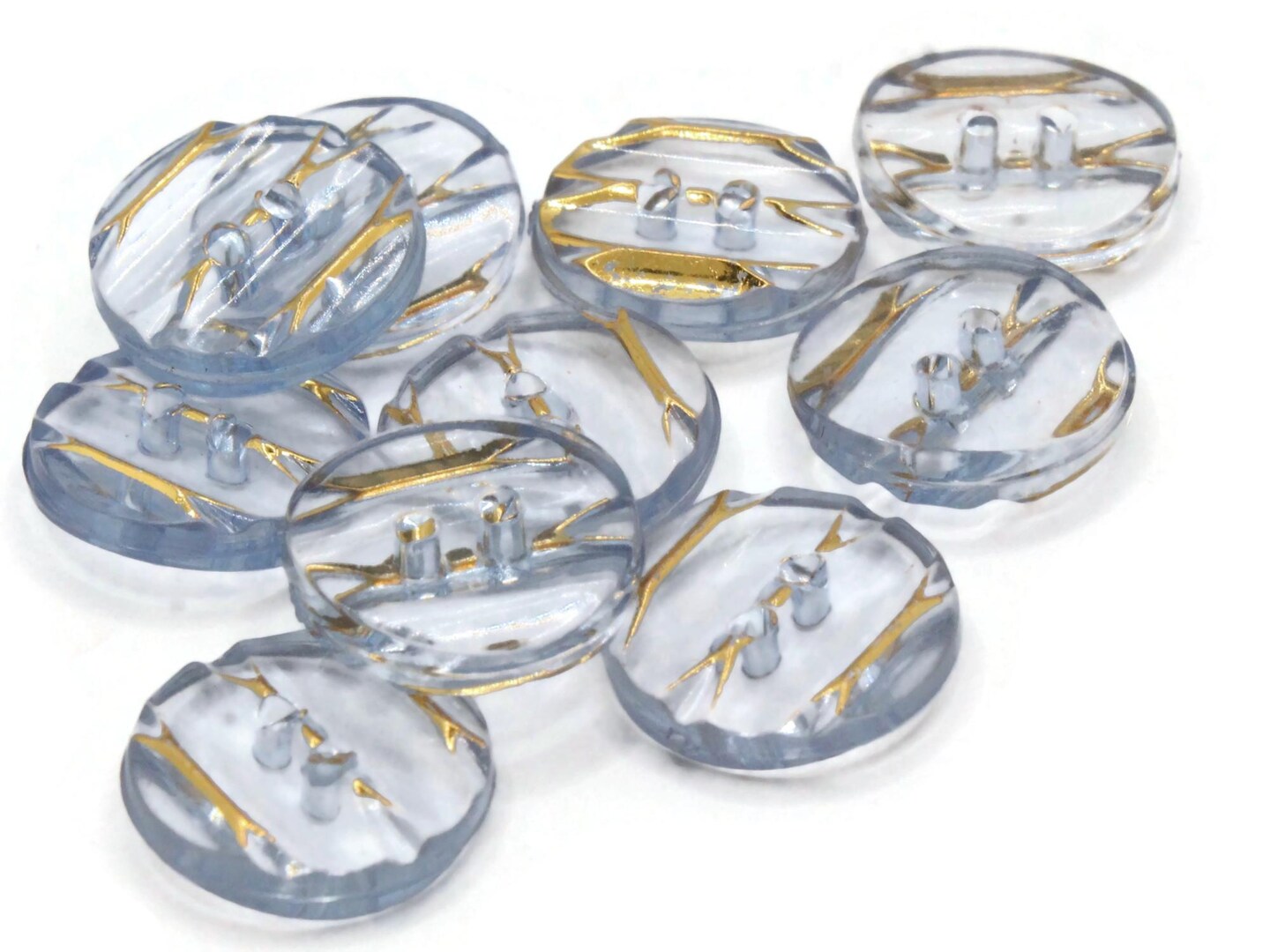 10 13mm Blue Plastic Two Hole Buttons with Gold Stripes