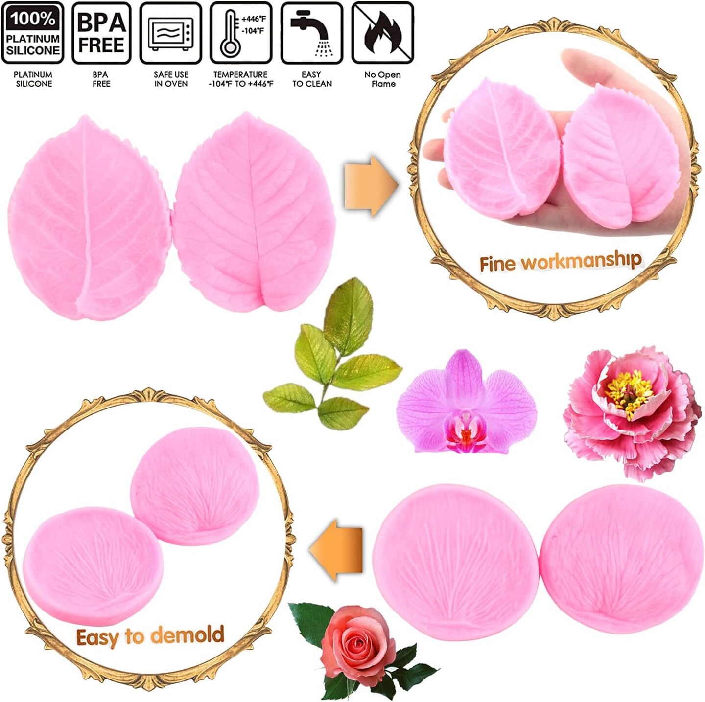 Gumpaste Flower Silicone Veining Mold Fondant Rose Veined Mold Gum Paste Peony Flower Mold Orchid Rose Leaf Molds For Sugar Cake Decorating Cupcake Topper Candy Polymer Clay Set Of 6
