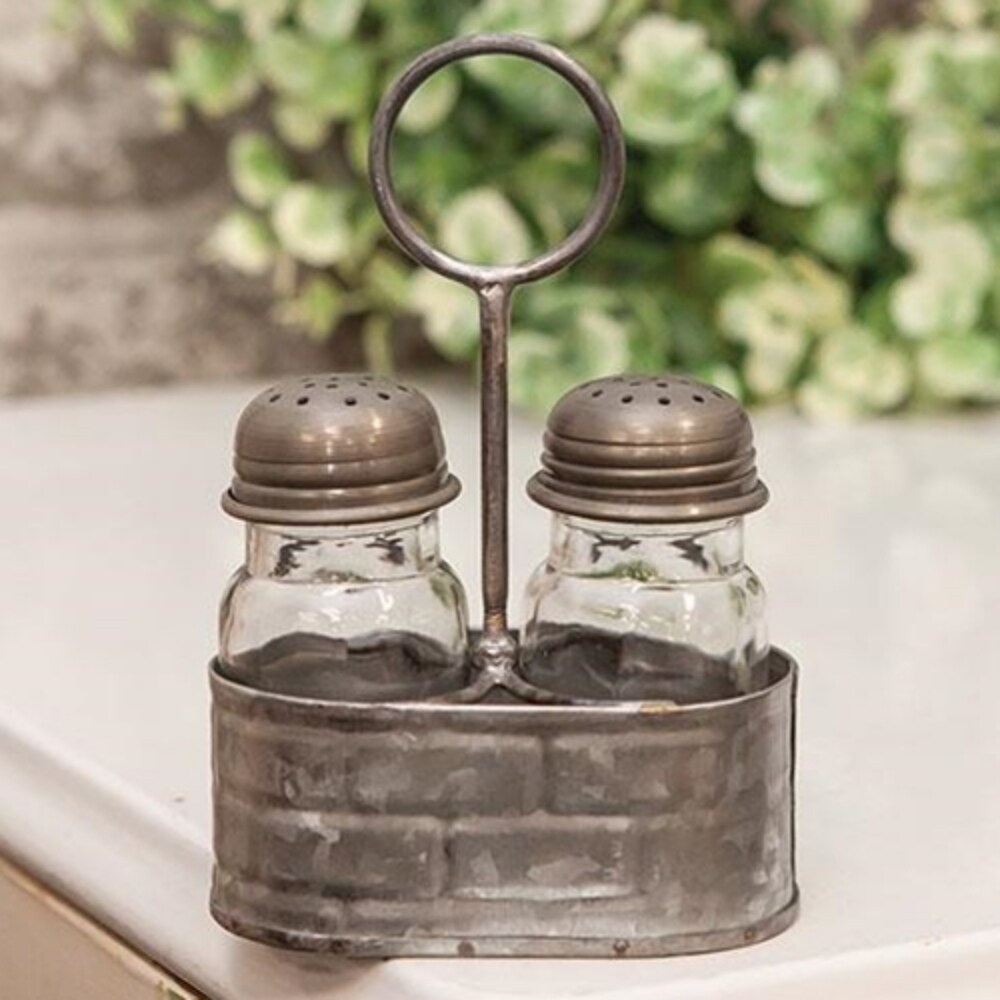 Galvanized Embossed Salt &#x26; Pepper Caddy With Shakers