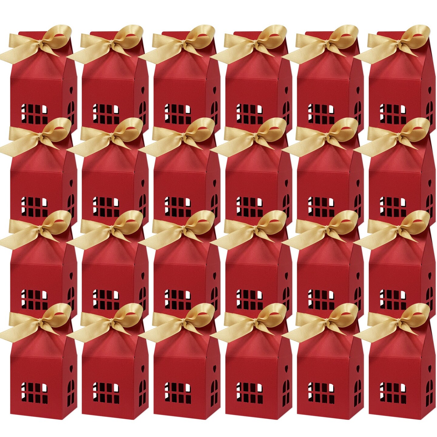 Wrapables House Shaped Gift Boxes with Ribbons for Weddings, Housewarming, Cookies, Candies, Treats, Party Favors (Set of 24), Red