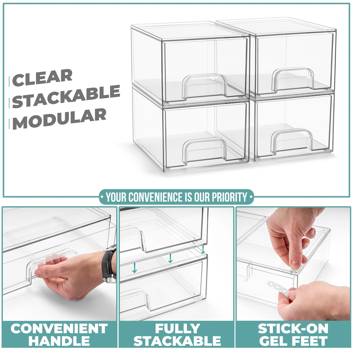 Sorbus Acrylic Storage Containers with Pull-Out Drawers - 4 Pack, 4.4&#x201D; Clear Tall Stackable Drawer Organizers