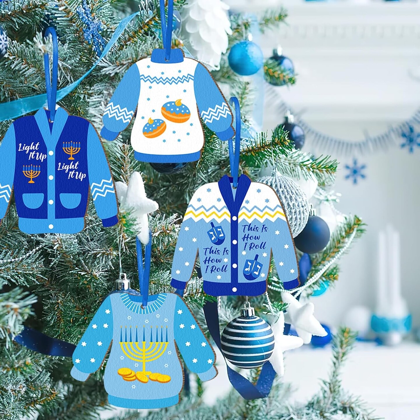 Hanukkah Wooden Ornaments Ugly Sweater Decor Jewish Menorah Dreidel Stars of David Chanukah Hanging Decoration Winter Sweater Pendant for Christmas Tree Decor Party Favors 12pcs