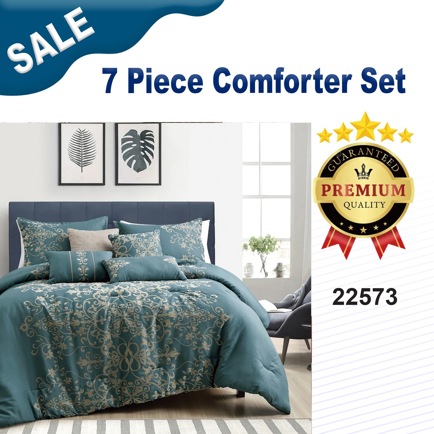 7 Piece Blue Queen Comforter Set with Damask Pattern