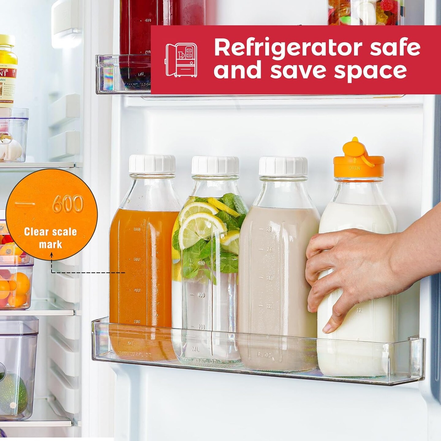 32 oz Reusable Glass Milk Bottles with Silicone Dispenser Cap, 2 Pack Glass Jars with Airtight Screw Lid, Leak Proof Glass Juice Bottles with Scale Mark for Fridge