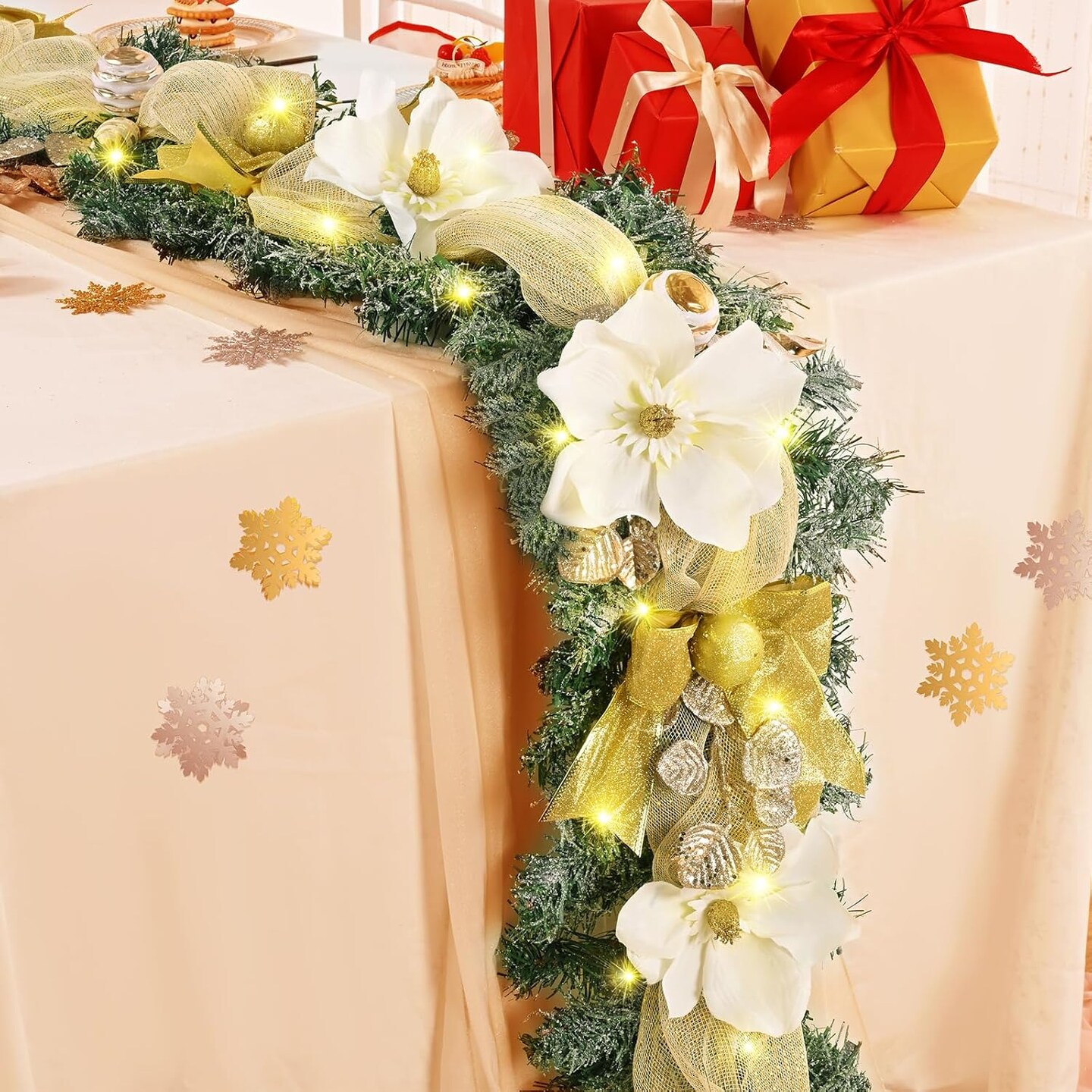 Christmas Garland Decorations, 5.9 FT Luxury Christmas Garland for Mantle, Christmas Flocked Garland with Gold Bows Ribbons Magnolia for Front Door Fireplace Table Home Decor