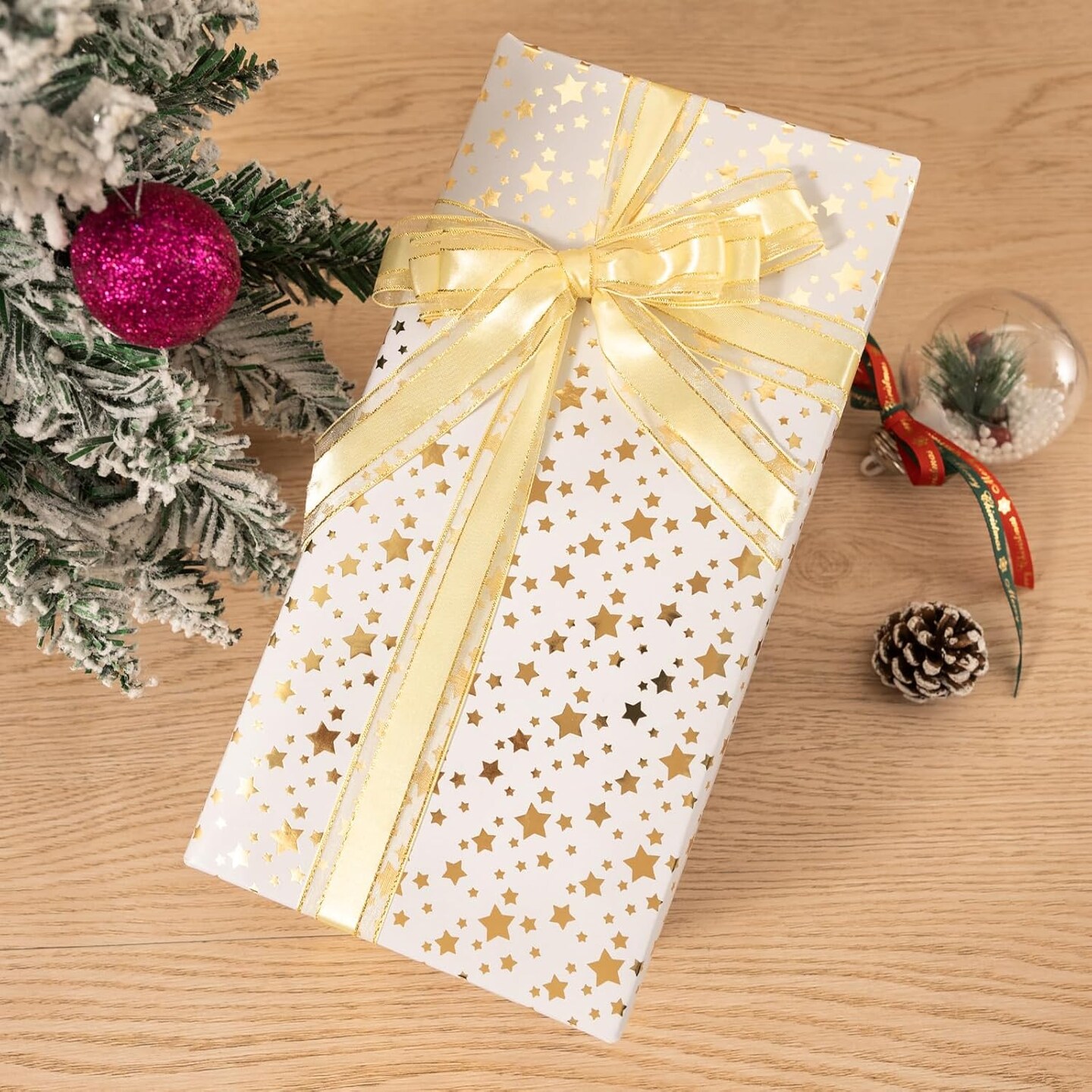 Christmas Wrapping Paper, Gold Foil Star Wrapping Paper Roll, White Gold Wrapping Paper, Gift Wrapping Paper Roll for Christmas, Wedding, Birthday, Party, Baby Shower (17 inch X 32.8 ft)