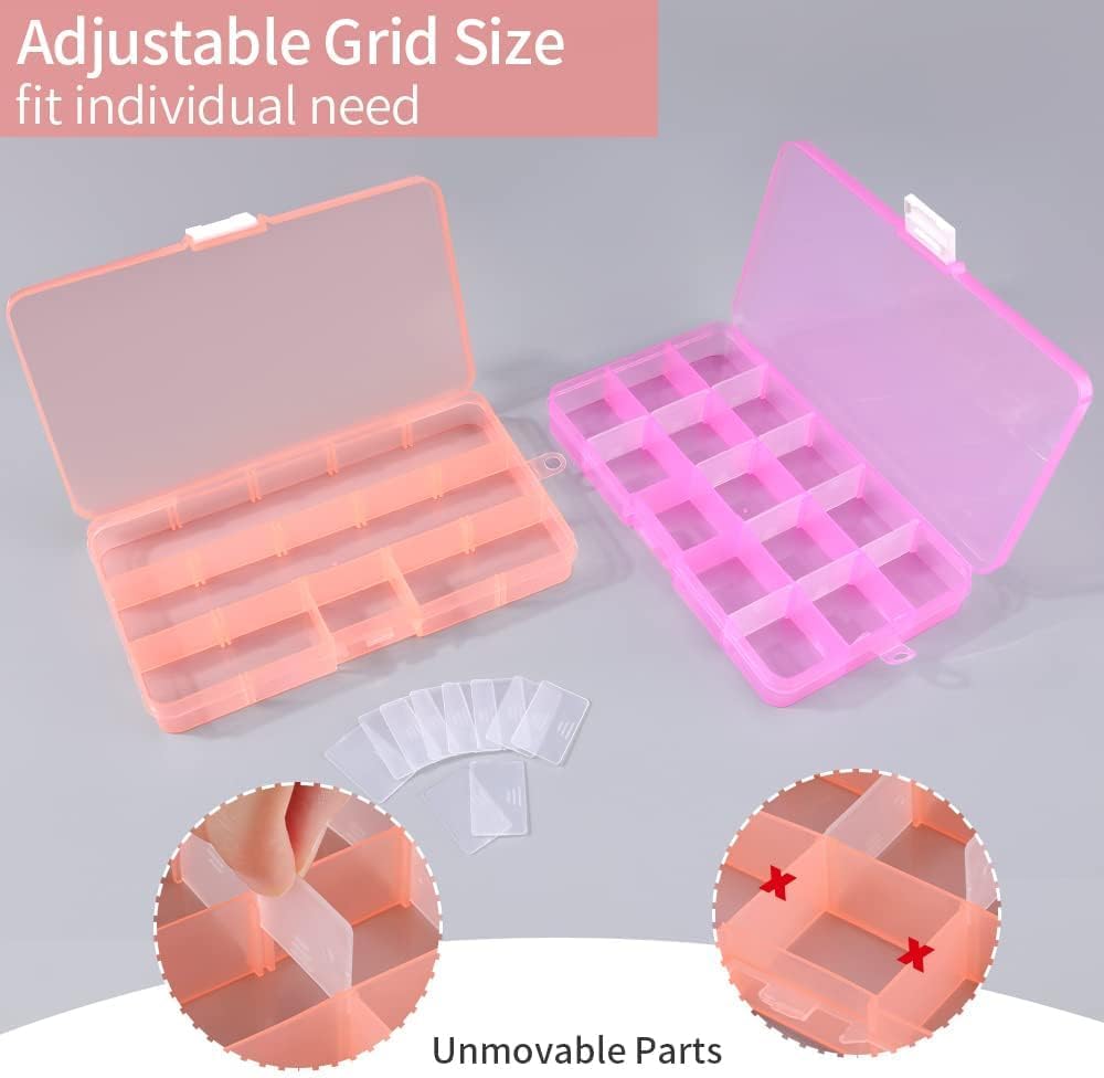 15 Girds Bead Organizer(4 Pack), Earring Organizer Box, SMALL Plastic Containers with Adjustable Dividers for Crafts Jewelry Screws Fishing Tackles Small Items, Size 6.9&#xD7;3.9&#xD7;0.9in