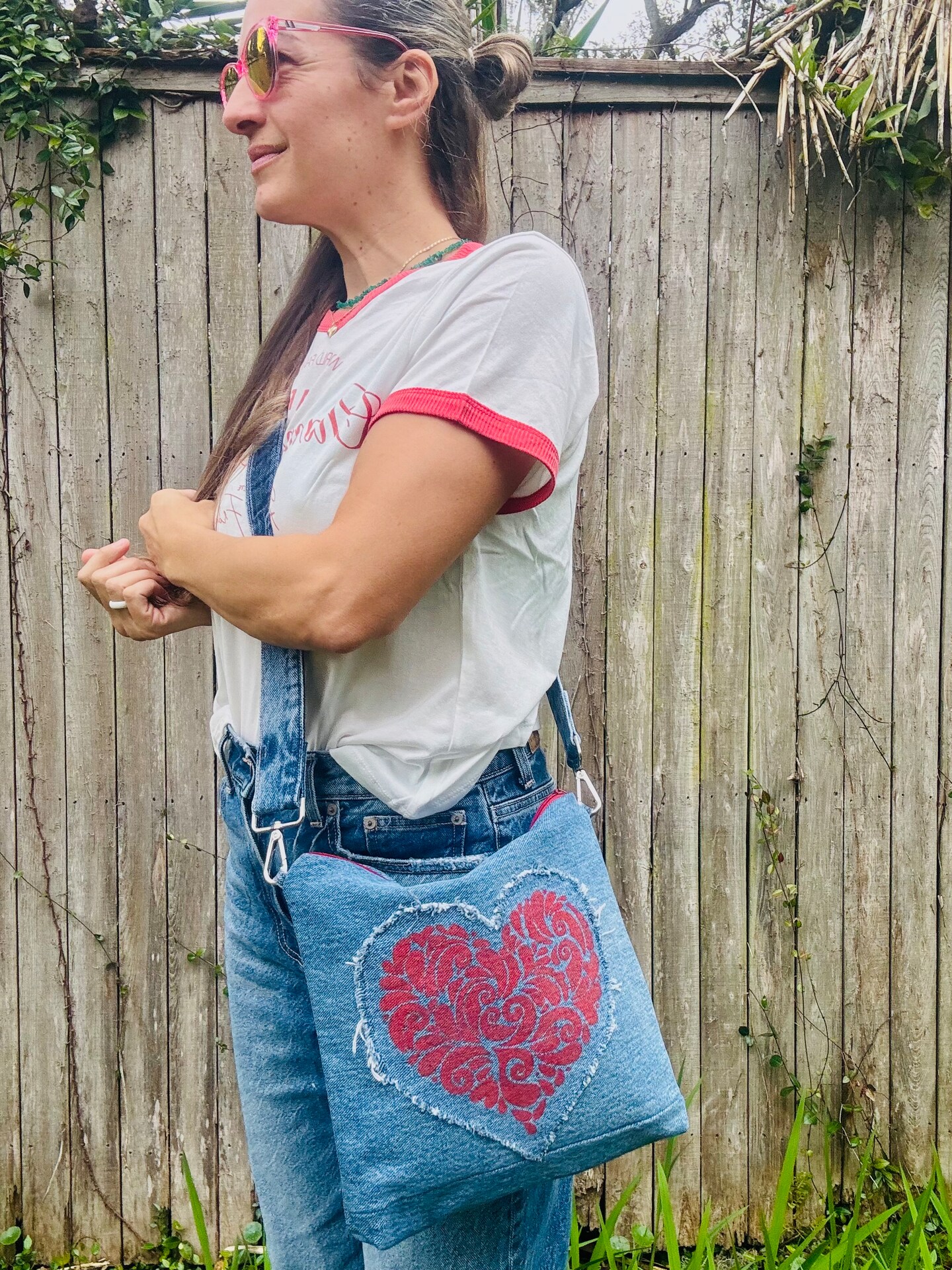 Red Mandala Heart Denim Crossbody Bag. Recycled Denim. Buddhist
