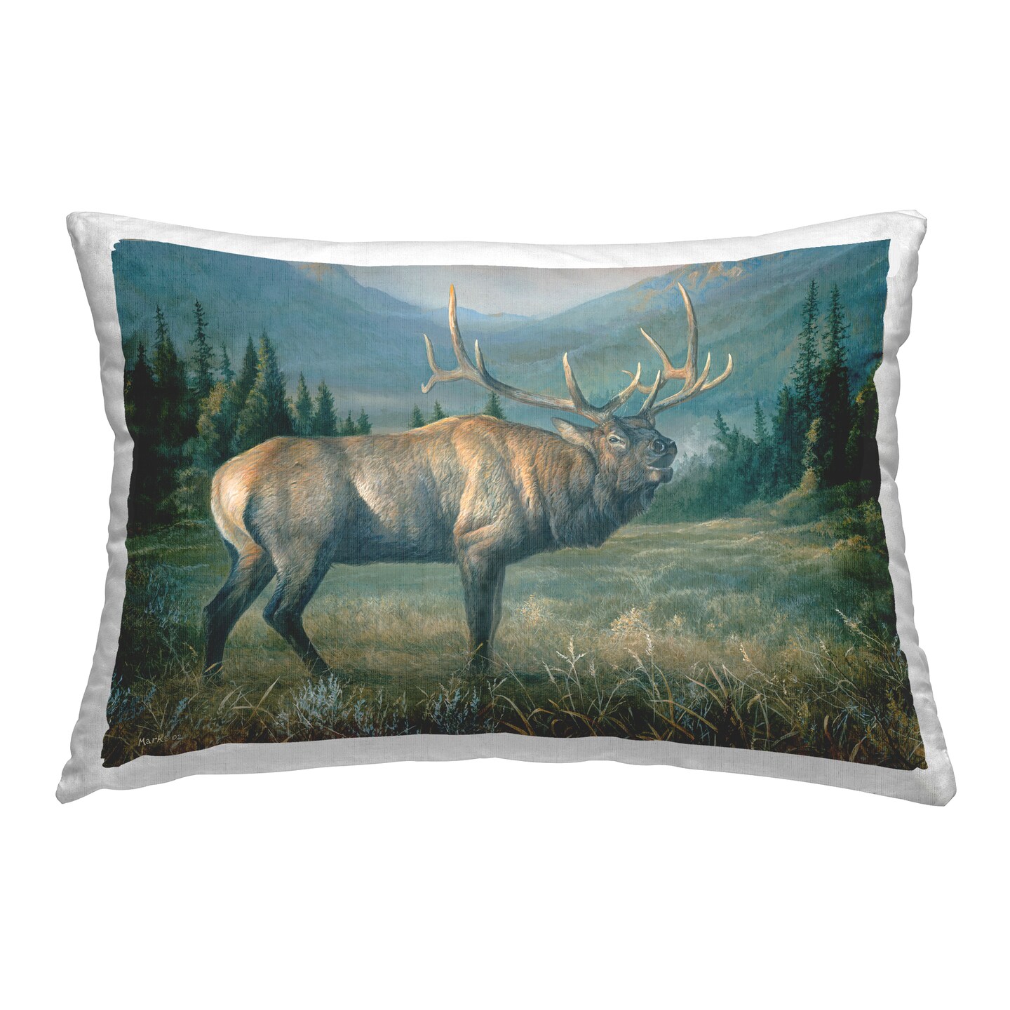 Powerful Elk in Field Decorative Printed Throw Pillow Design by Laura Mark-Finberg, 14 x 7 x 20
