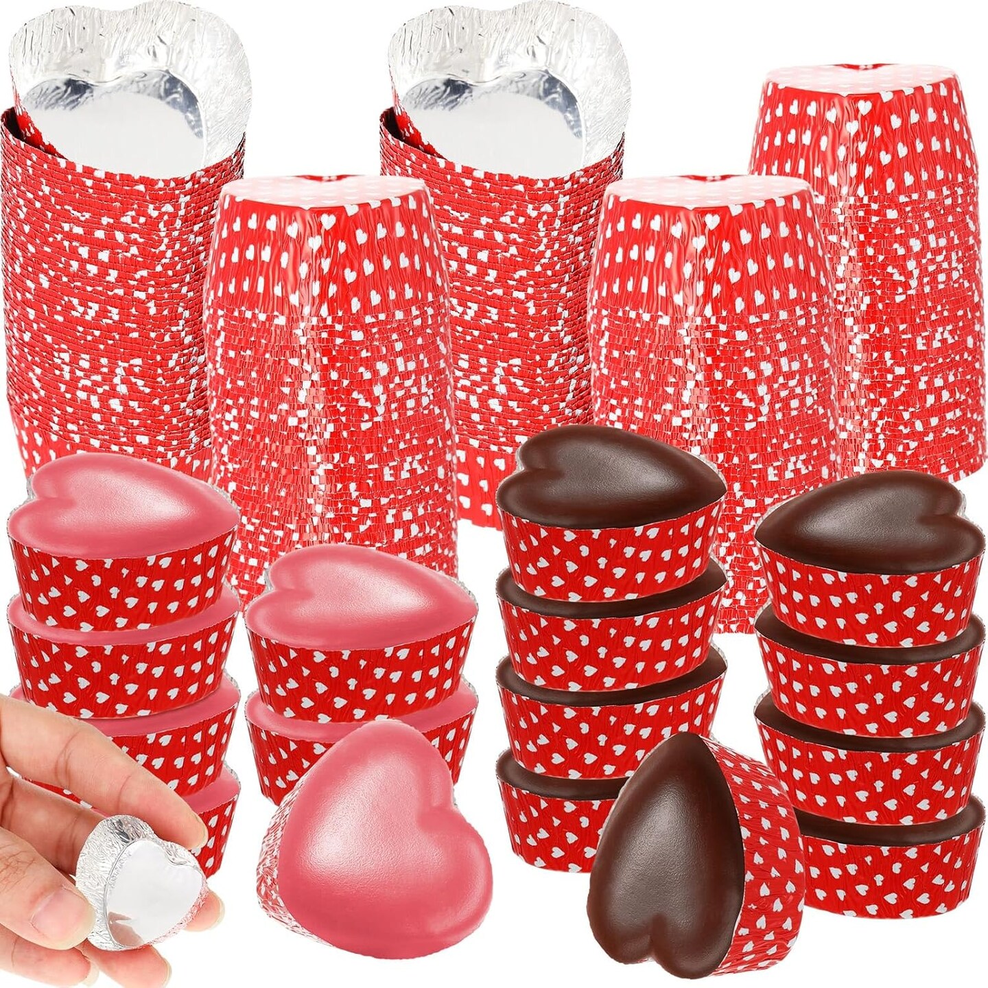 Valentine's Day Mini Aluminum Foil Chocolate Baking Cups 9 Ml/ 0.3 Ounce Heart Shaped Candy Molds Disposable Baking Pan for Valentine Day Party Supplies(Cute Style, 200 Pieces)