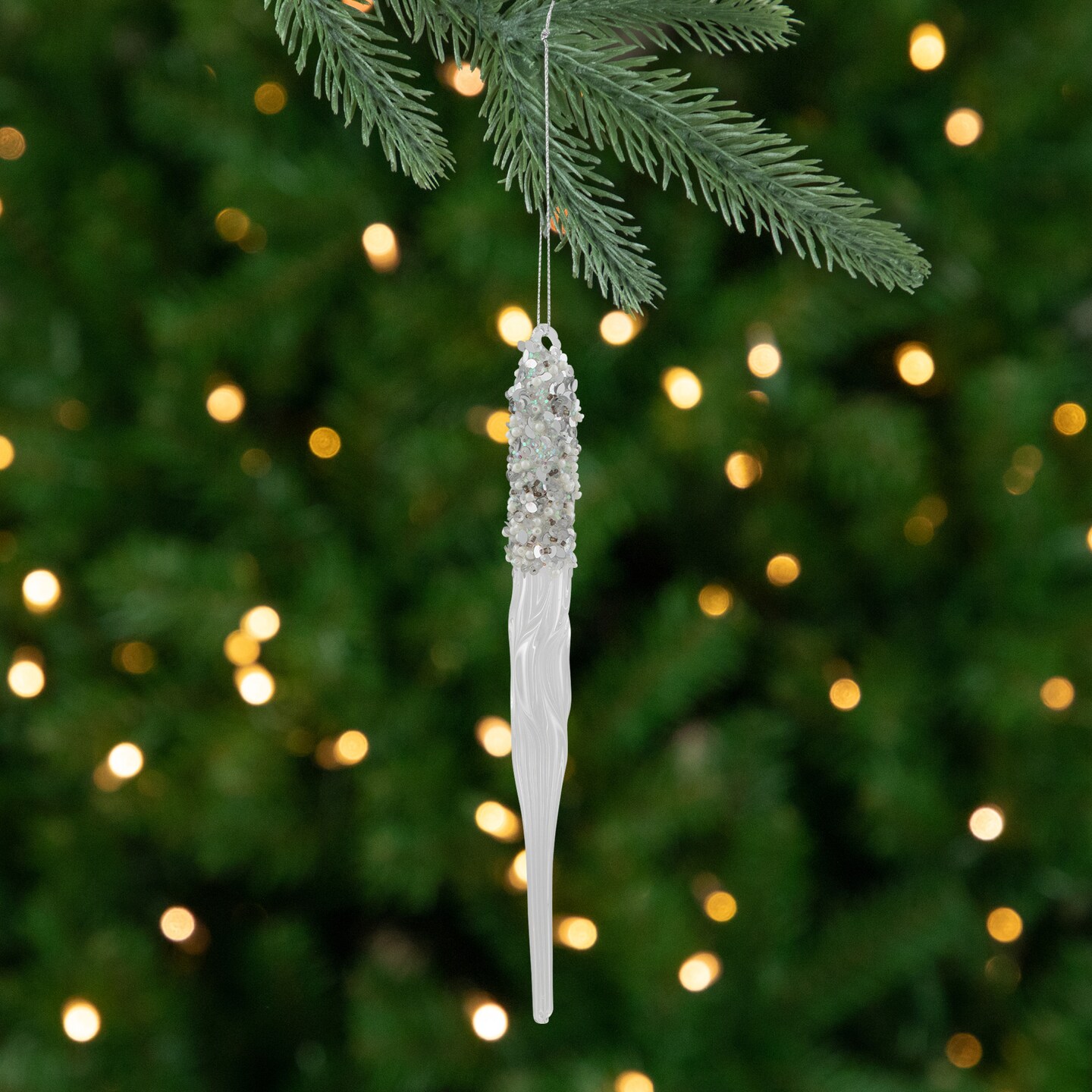 Northlight Sequined and Beaded Icicle Glass Christmas Ornament - 9&#x22; - Clear
