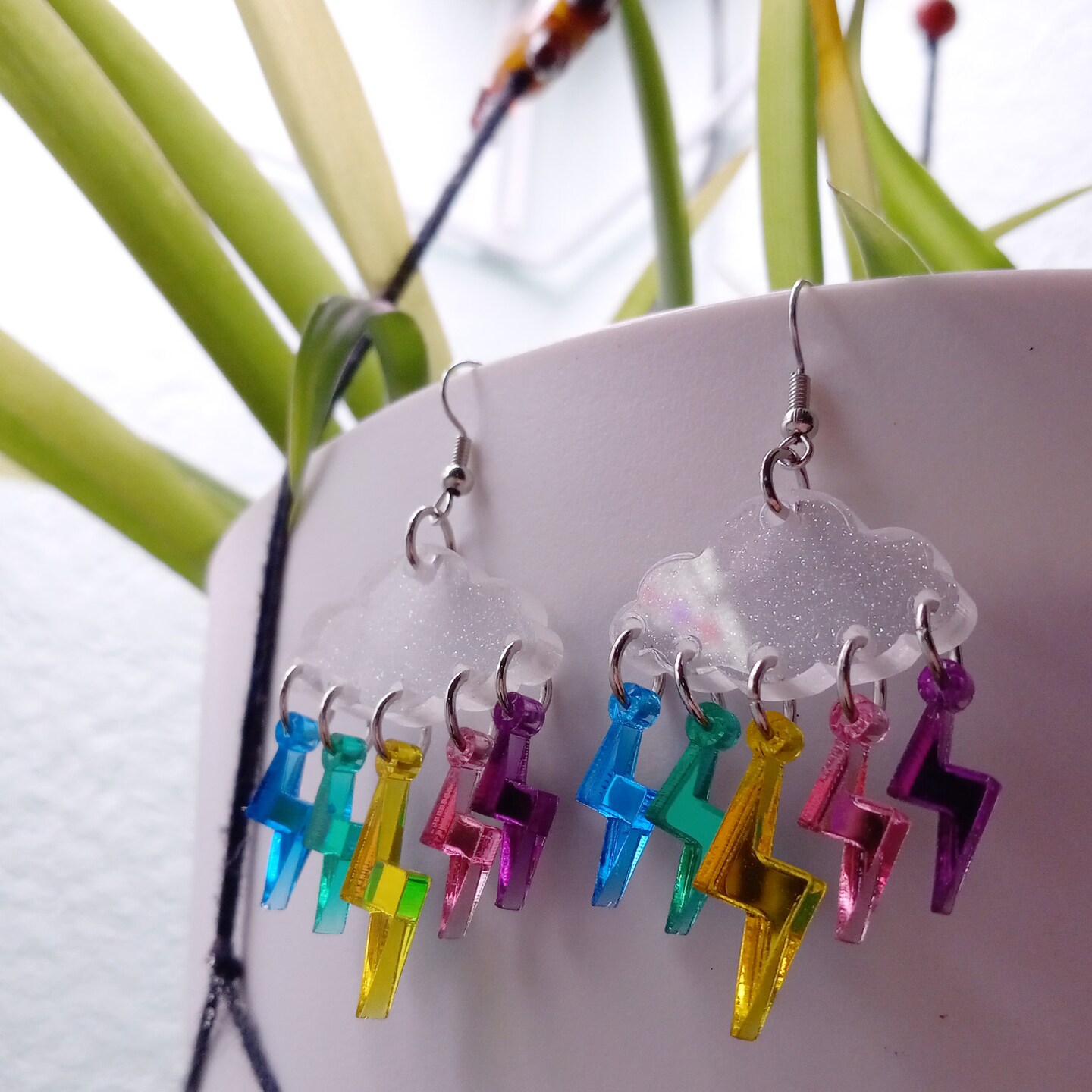 Lightning Bolt Rain Cloud Dangle Earrings, Glows in Black Light, Raindrops Weather Rave Jewelry, White Cloud Statement Earrings product 7