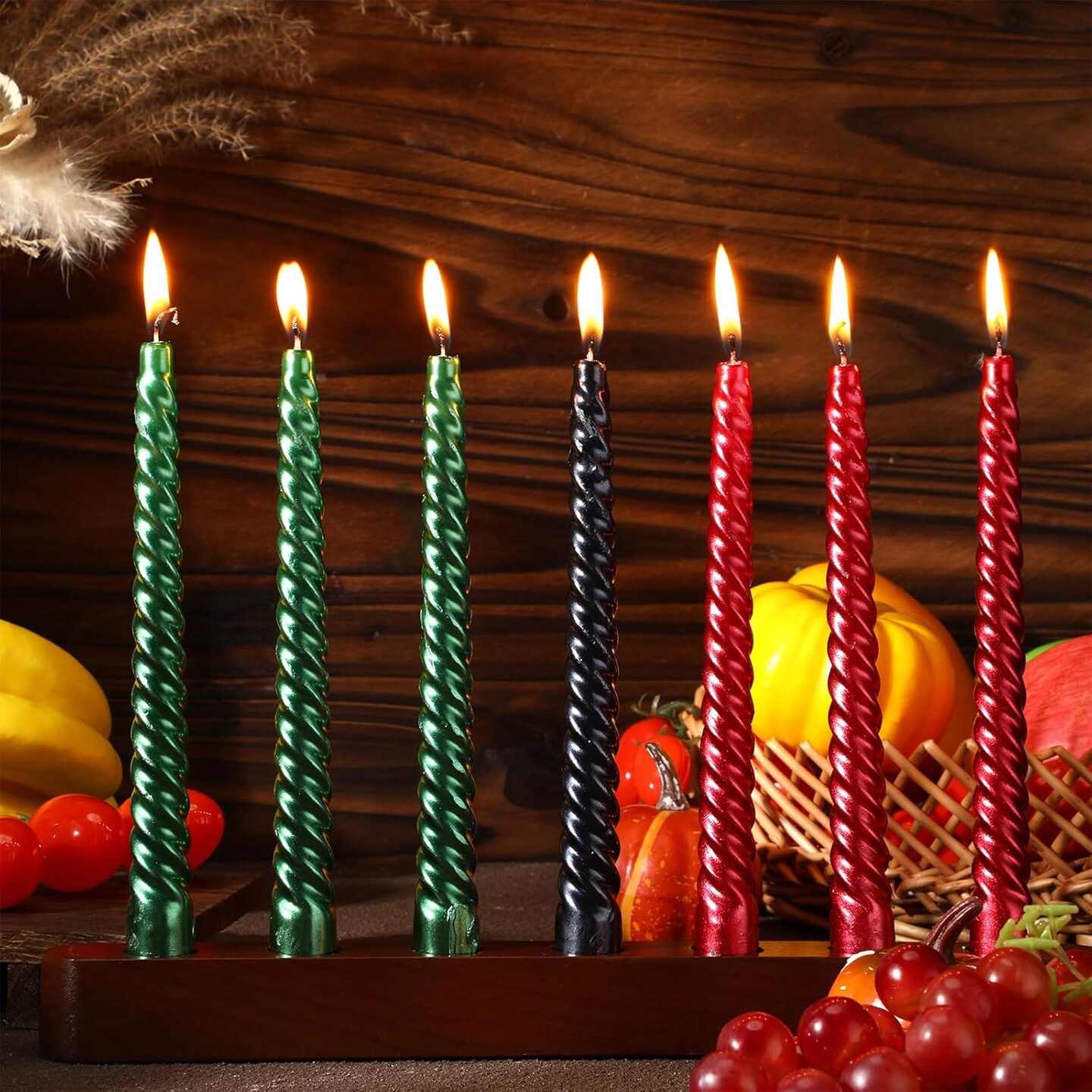 8 Pcs Kwanzaa Kinara Set Kinara Wooden Candle Holder with 8 Inch Kwanzaa Kinara Spiral Taper Candles Unscented Dripless Candles for Kwanzaa Decoration