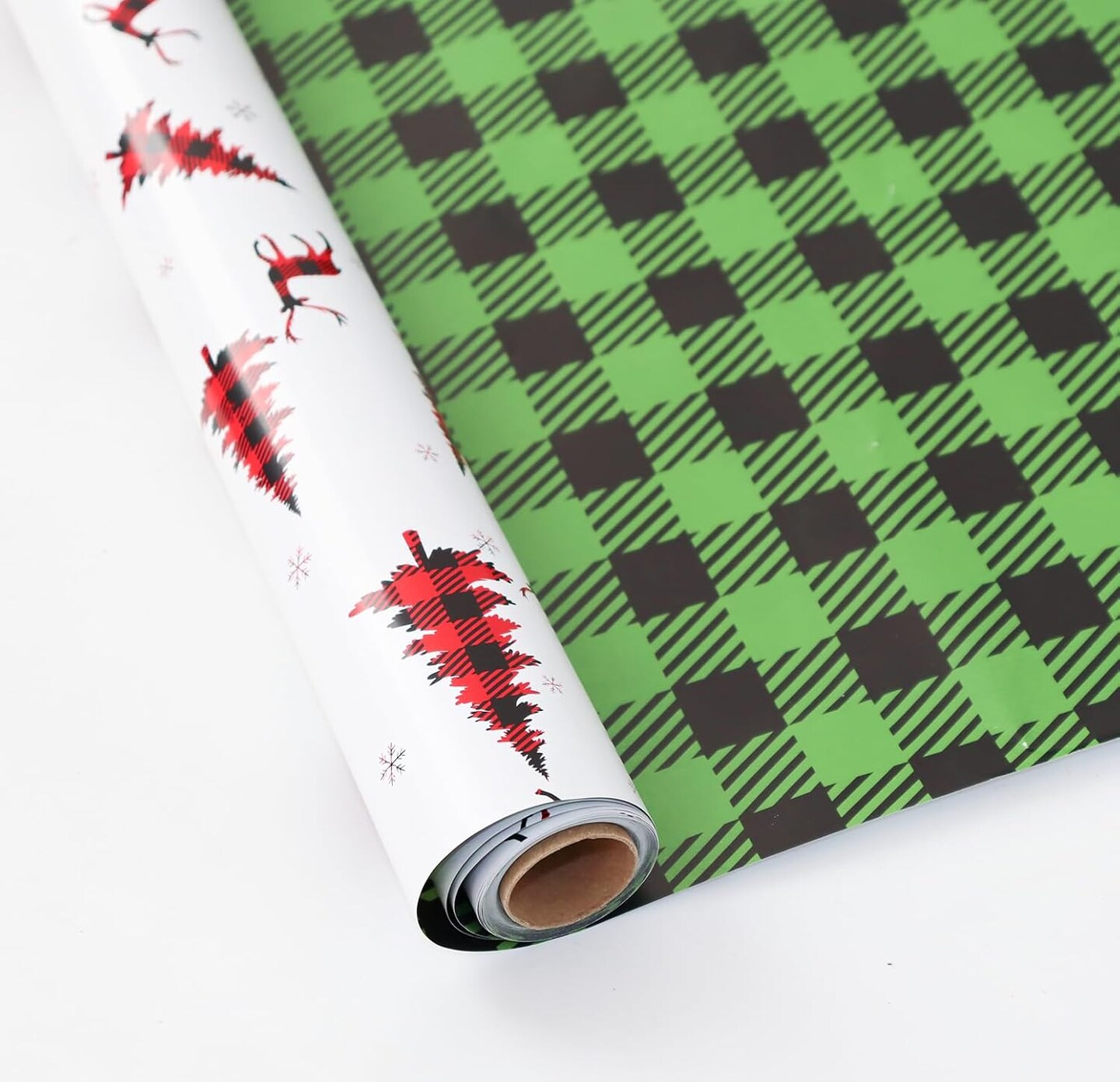 Christmas Wrapping Paper Long Roll, Reversible Roll Two Side Wrapping Paper 30x390 Inch - Deer Plaid