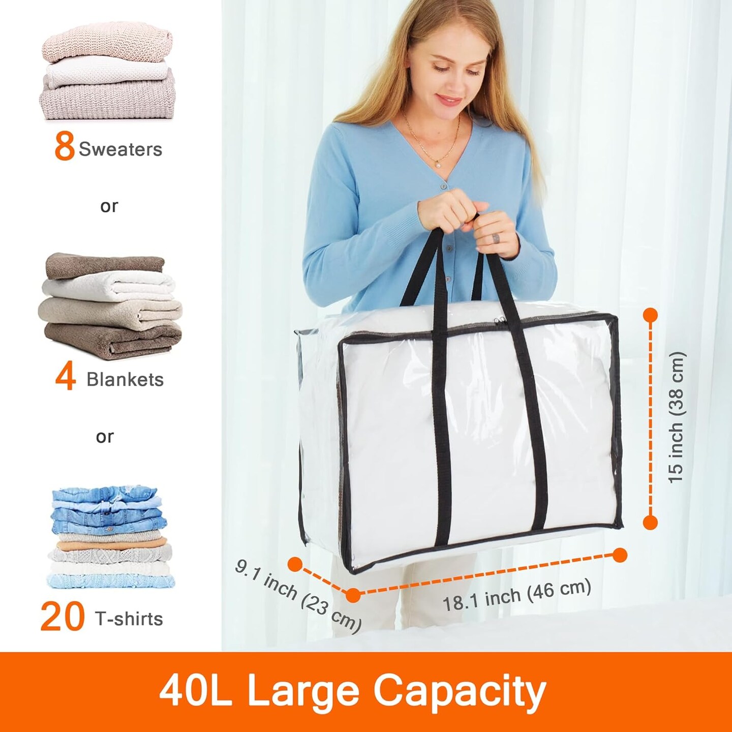 3 Pack Clear Clothes Storage Bag, 40L Zippered Closet Organizer, Plastic Storage Containers Moving bags for Comforter, Blanket, Bedding, Duvet, Toys