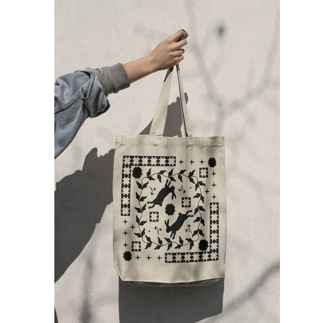 Canvas Tote Bag quilt block, hare, rabbit, flower vines