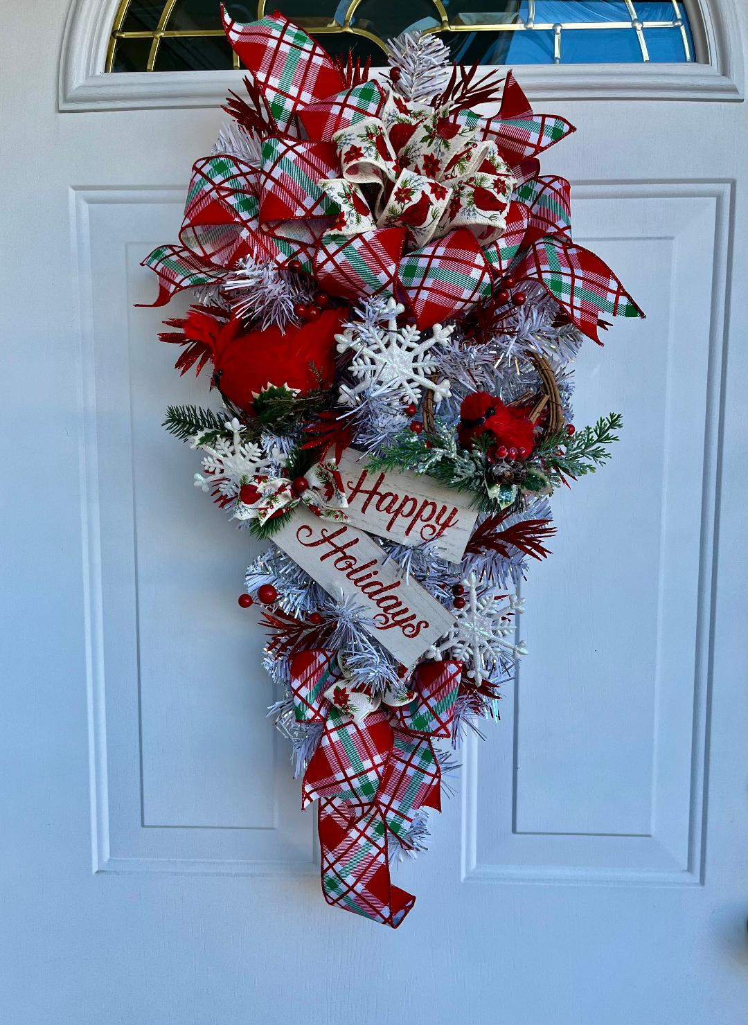 Holiday door swag, Christmas wreath, red and white swag, wreath