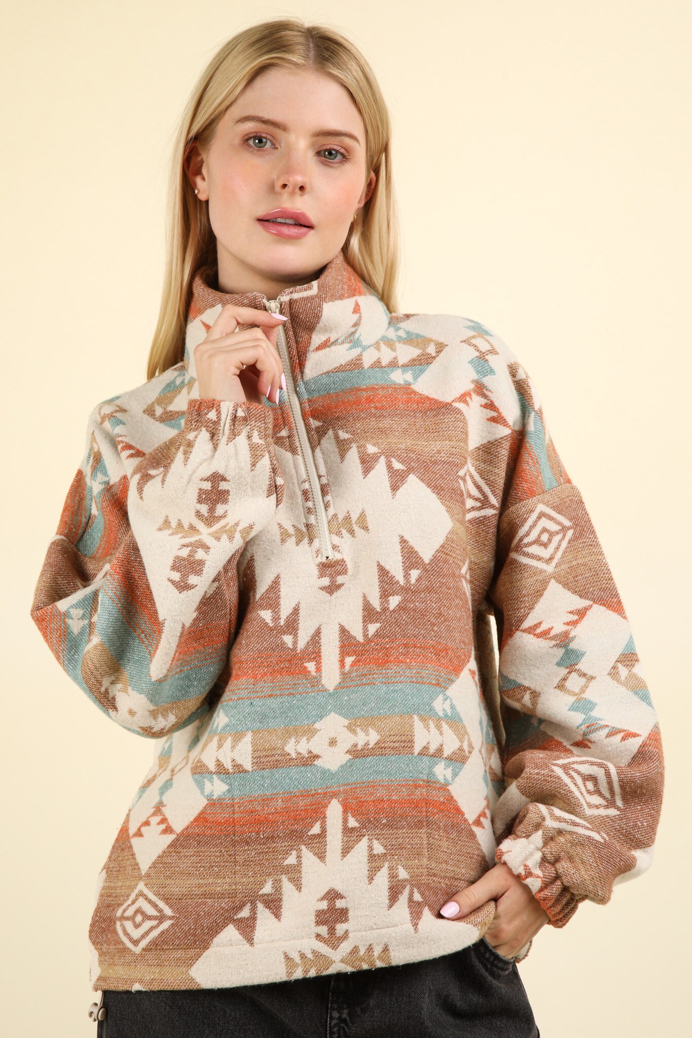 Plus Size Aztec Printed Henley Woven Pullover Top