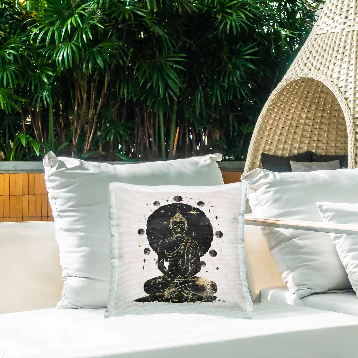 Gilded Sitting Buddha Outdoor Printed Pillow Design by Nina Blue, 18 x 7 x 18