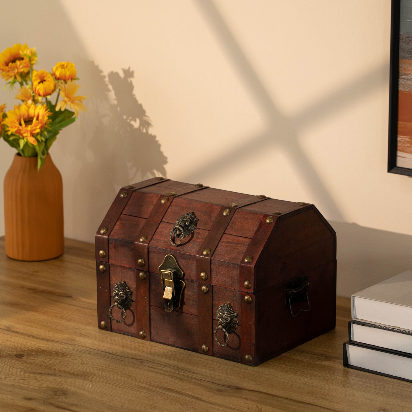 Handmade Pirate Treasure Chest with Lockable Latch - Vintage Wooden Storage Trunk and Treasure Box with Hinged Lid - Antique Decorative Storage Box for Pirate-Themed Birthday Party and Keepsakes