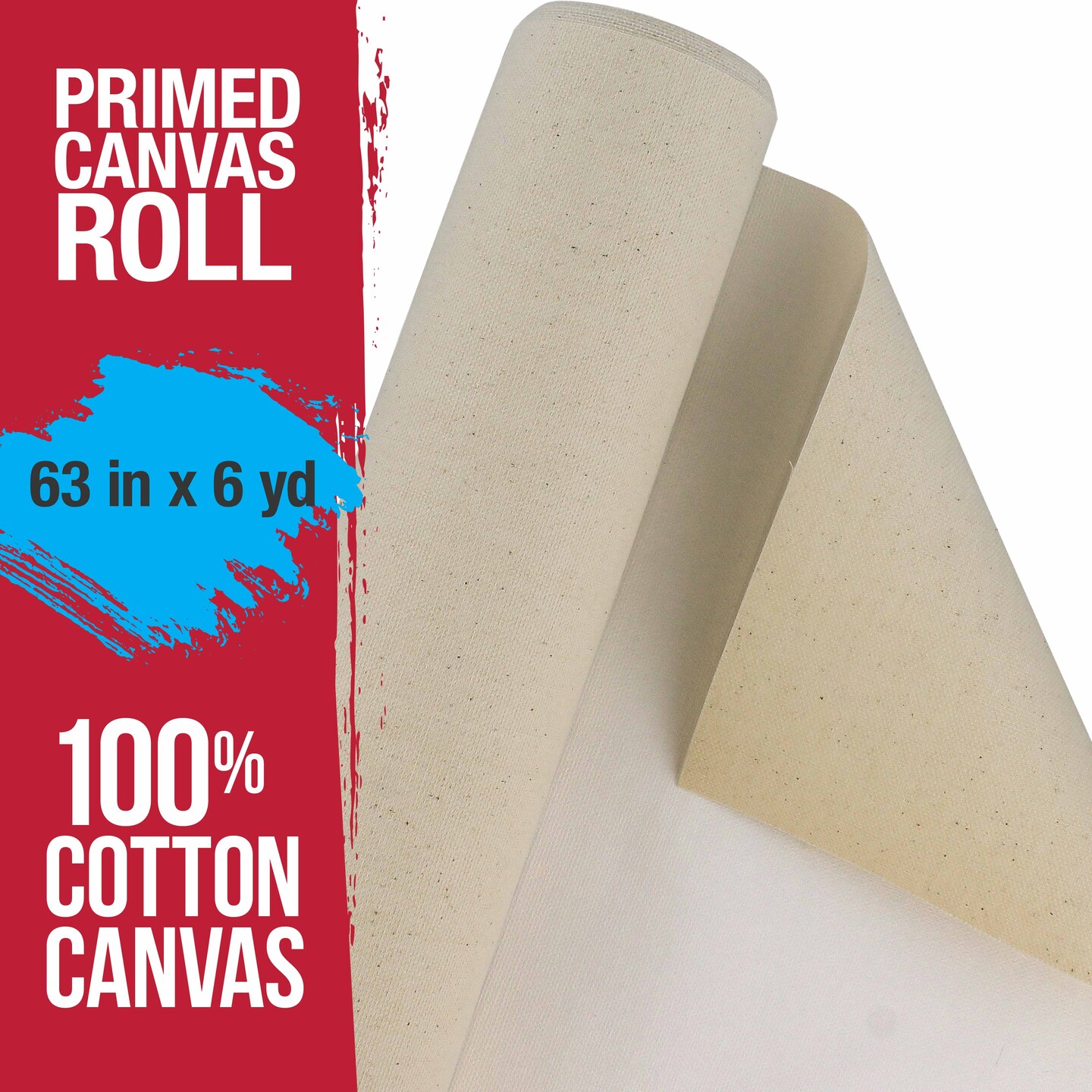 U.S. Art Supply 63&#x22; Wide x 6 Yards (18 Feet) Long Unstretched Canvas Roll - 100% Cotton, 12-Ounce Triple Primed Gesso, Acid-Free, Oil Acrylic Painting